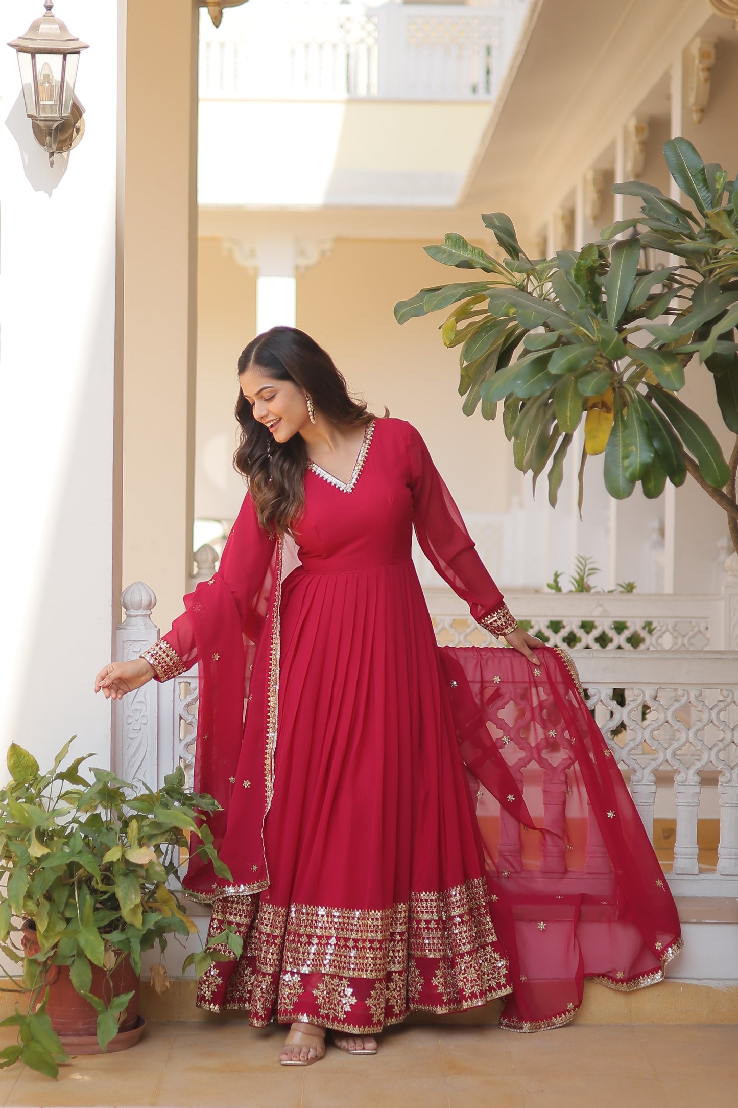Faux Blooming Embroidered Gown with Dupatta – Sequins Work & V-Neck Design