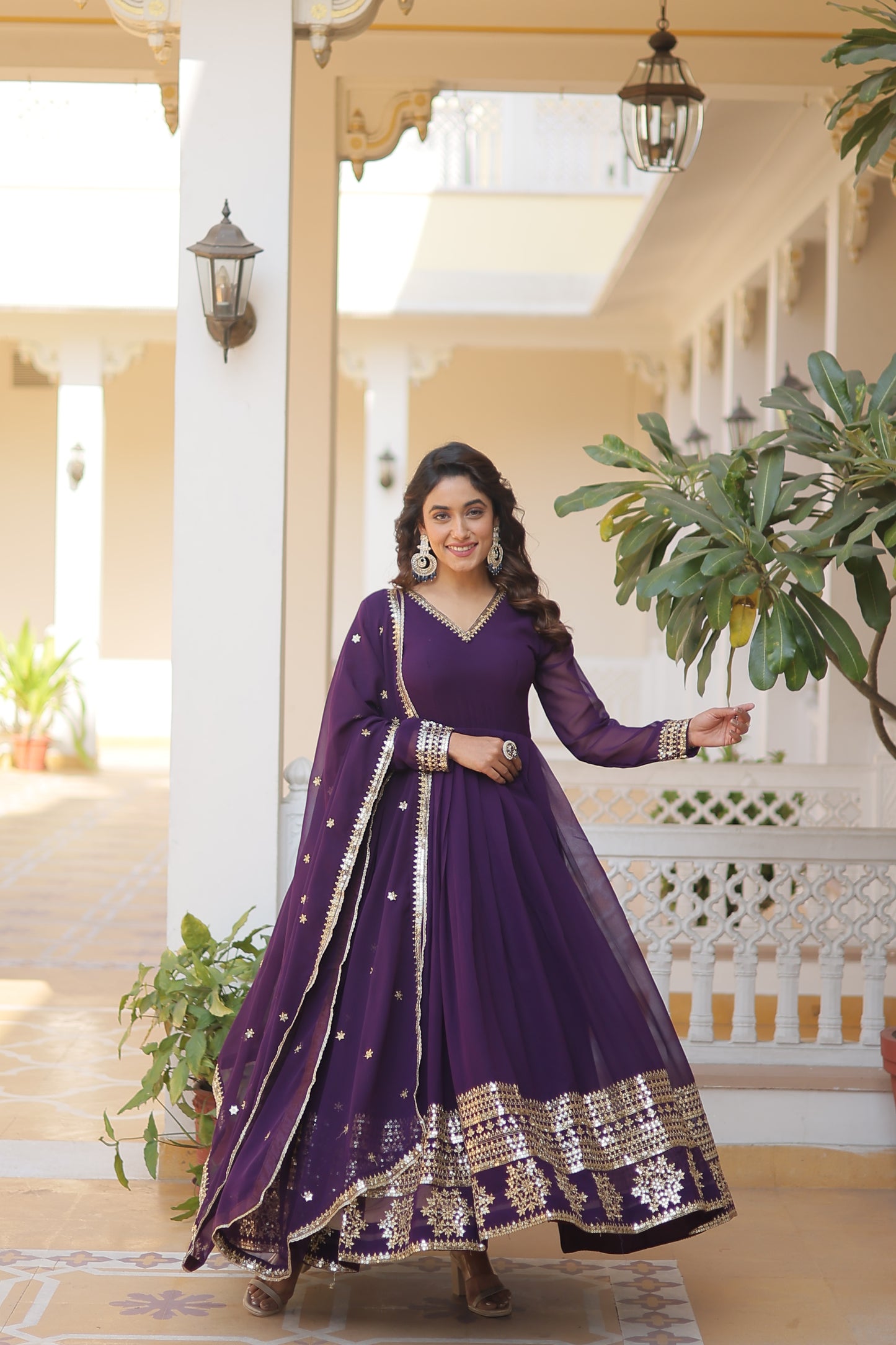 Faux Blooming Embroidered Gown with Dupatta – Sequins Work & V-Neck Design
