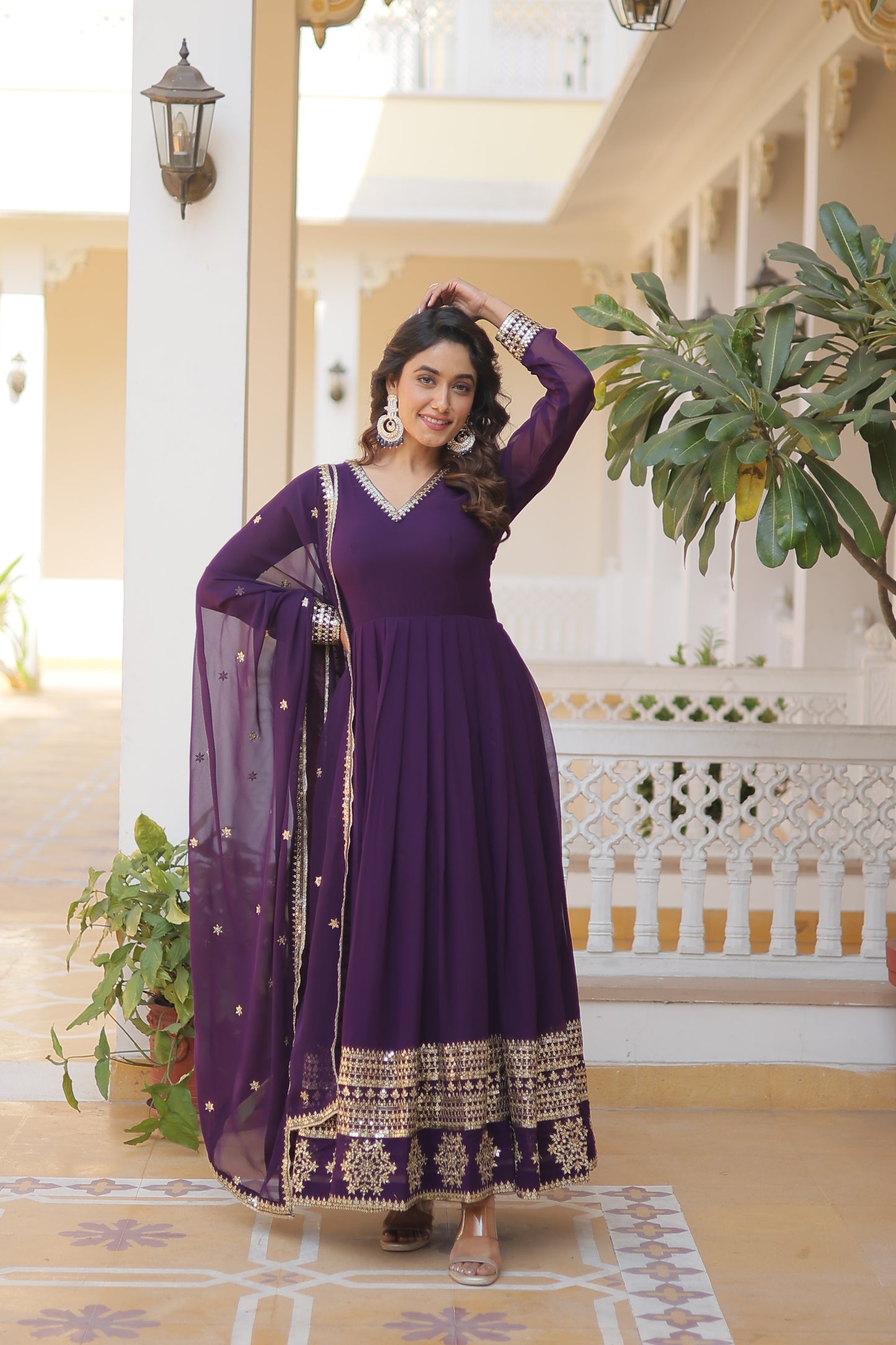 Faux Blooming Embroidered Gown with Dupatta – Sequins Work & V-Neck Design