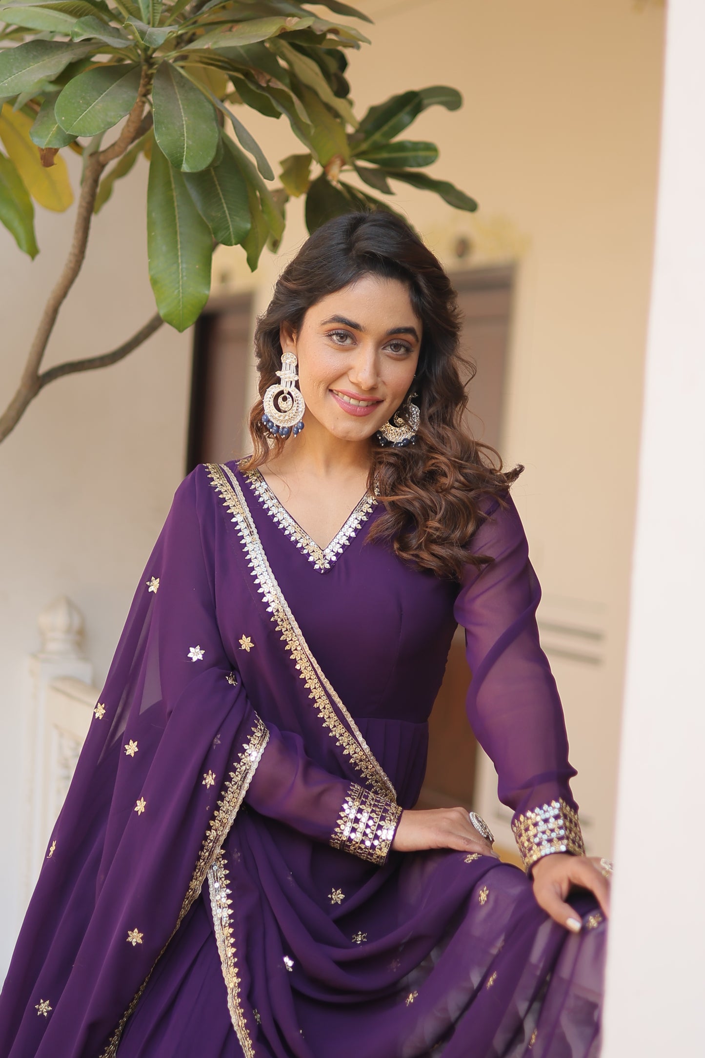 Faux Blooming Embroidered Gown with Dupatta – Sequins Work & V-Neck Design