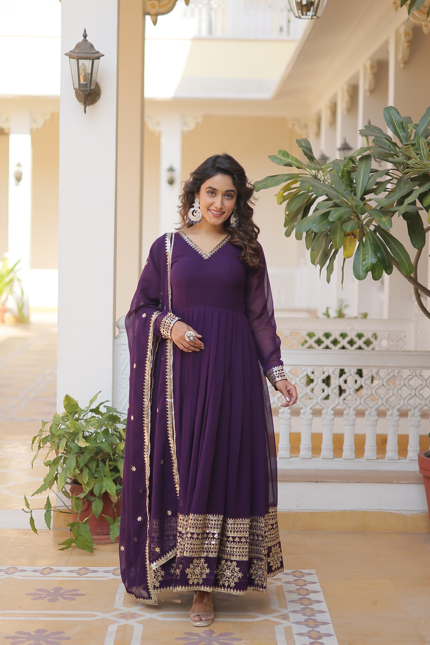 Faux Blooming Embroidered Gown with Dupatta – Sequins Work & V-Neck Design