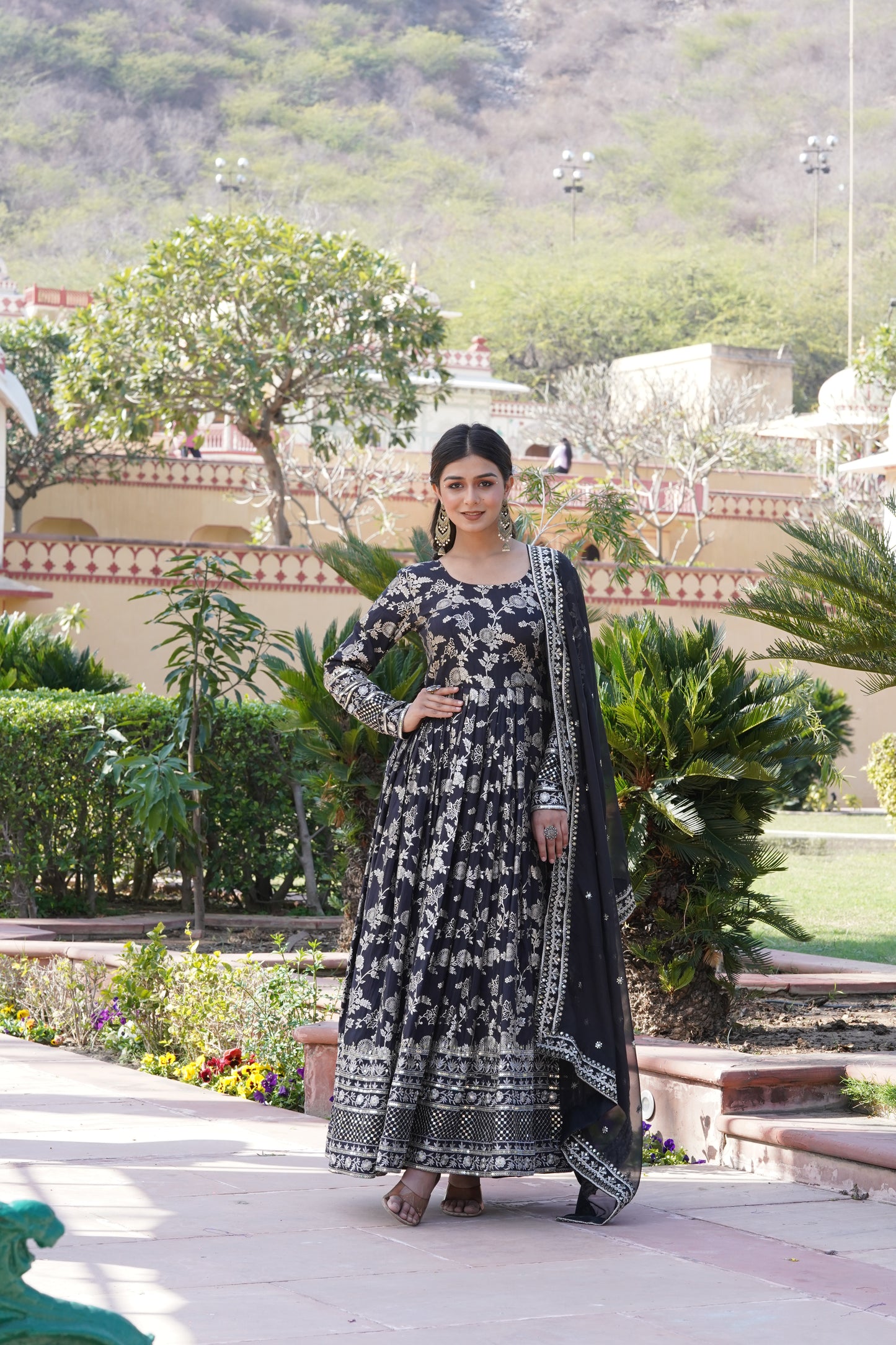 Designer Party Wear Anarkali Gown – Viscose Jacquard with Sequins Embroidery & Russian Silk Dupatta