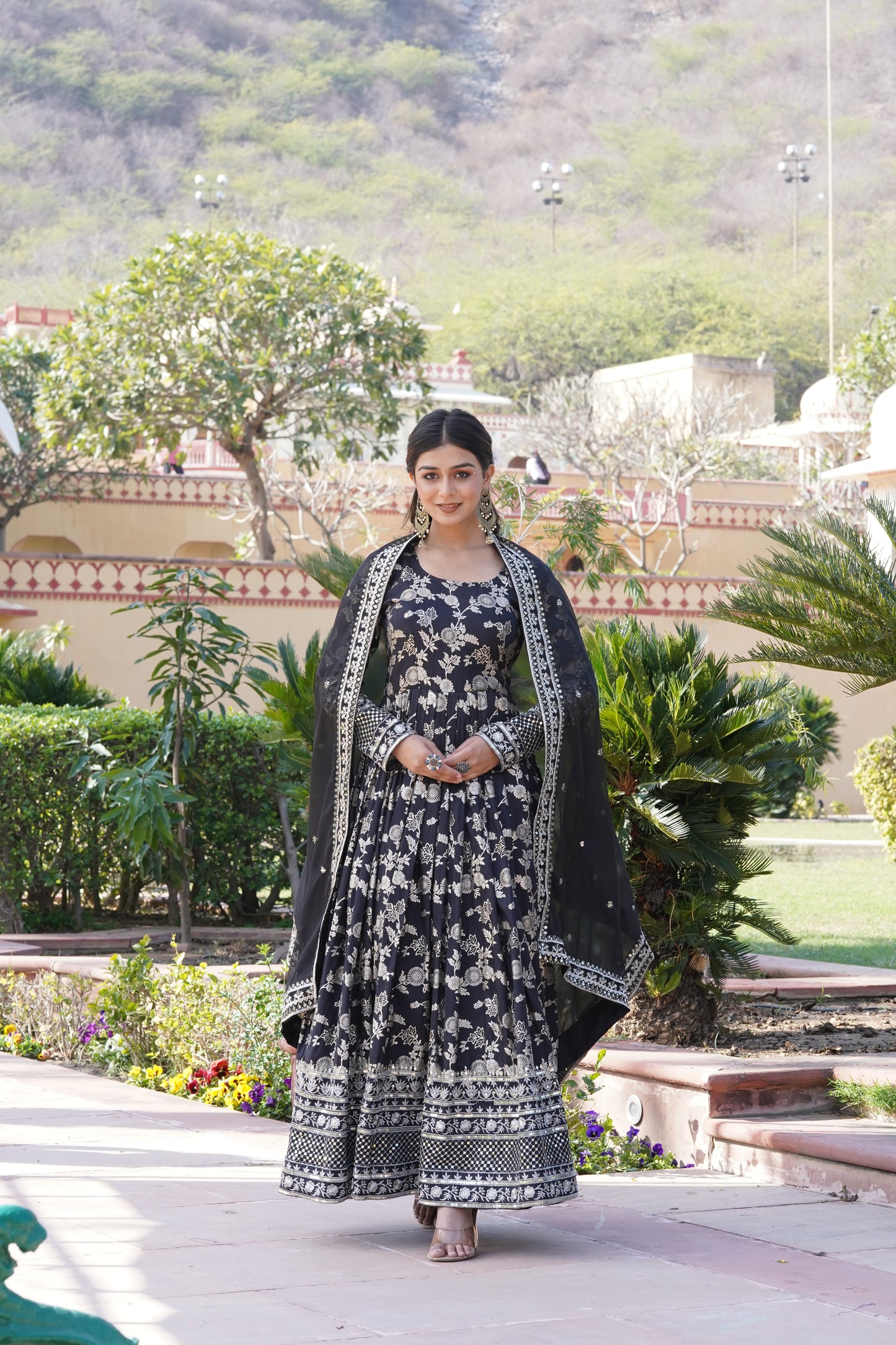 Designer Party Wear Anarkali Gown – Viscose Jacquard with Sequins Embroidery & Russian Silk Dupatta