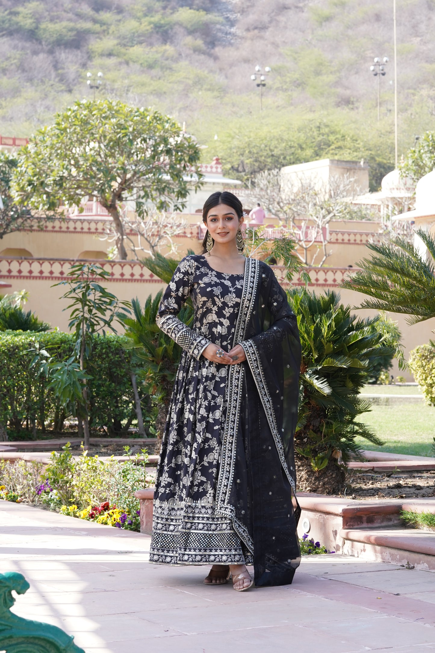 Designer Party Wear Anarkali Gown – Viscose Jacquard with Sequins Embroidery & Russian Silk Dupatta