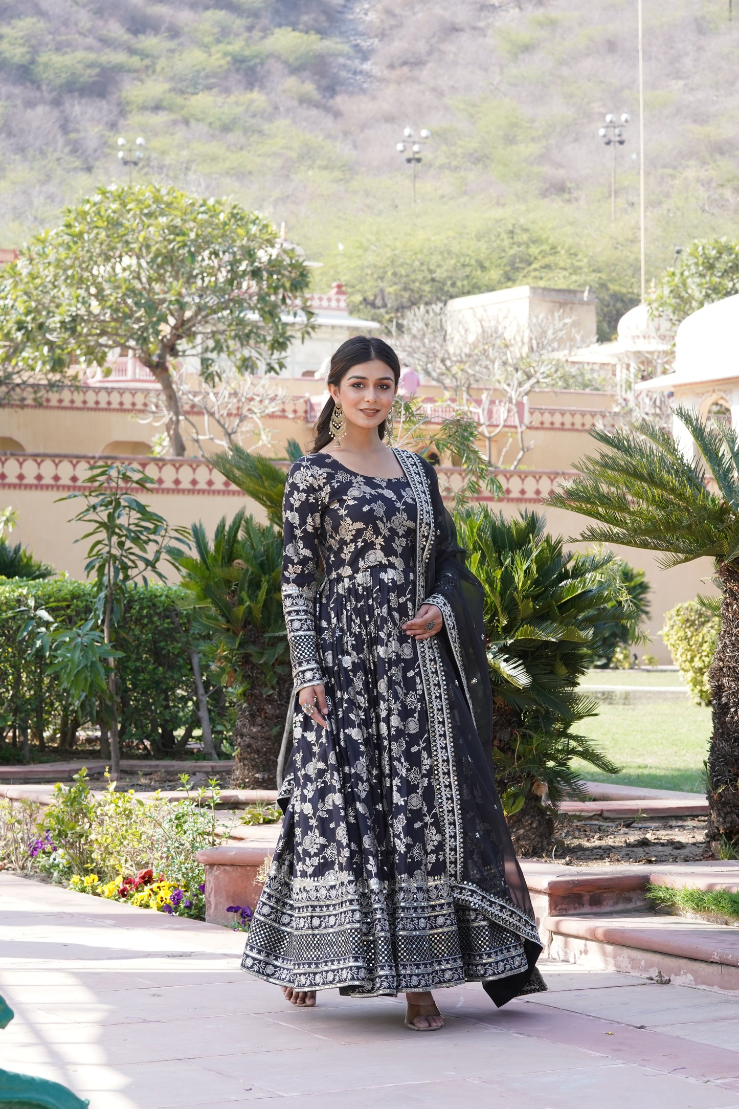 Designer Party Wear Anarkali Gown – Viscose Jacquard with Sequins Embroidery & Russian Silk Dupatta