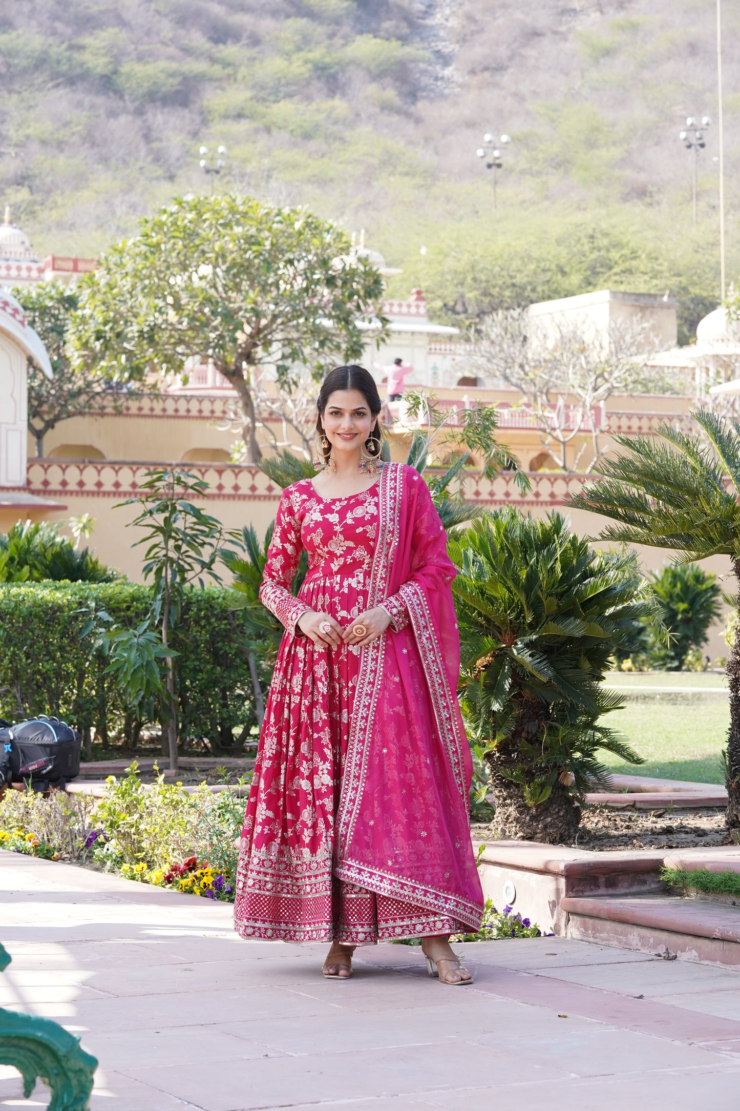 Designer Party Wear Anarkali Gown – Viscose Jacquard with Sequins Embroidery & Russian Silk Dupatta