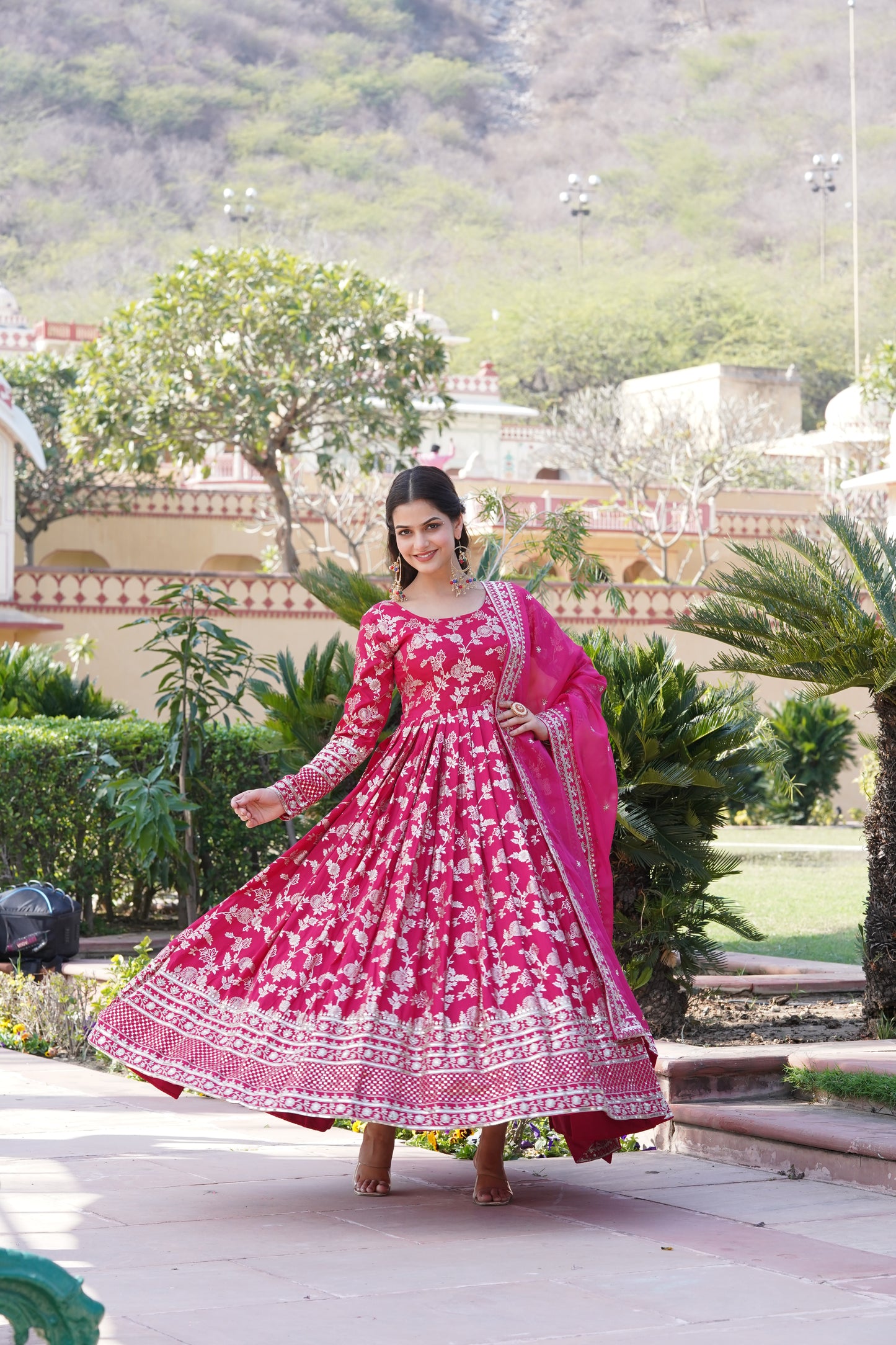 Designer Party Wear Anarkali Gown – Viscose Jacquard with Sequins Embroidery & Russian Silk Dupatta