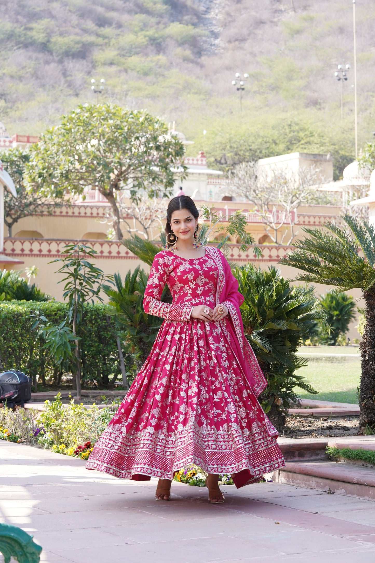 Designer Party Wear Anarkali Gown – Viscose Jacquard with Sequins Embroidery & Russian Silk Dupatta