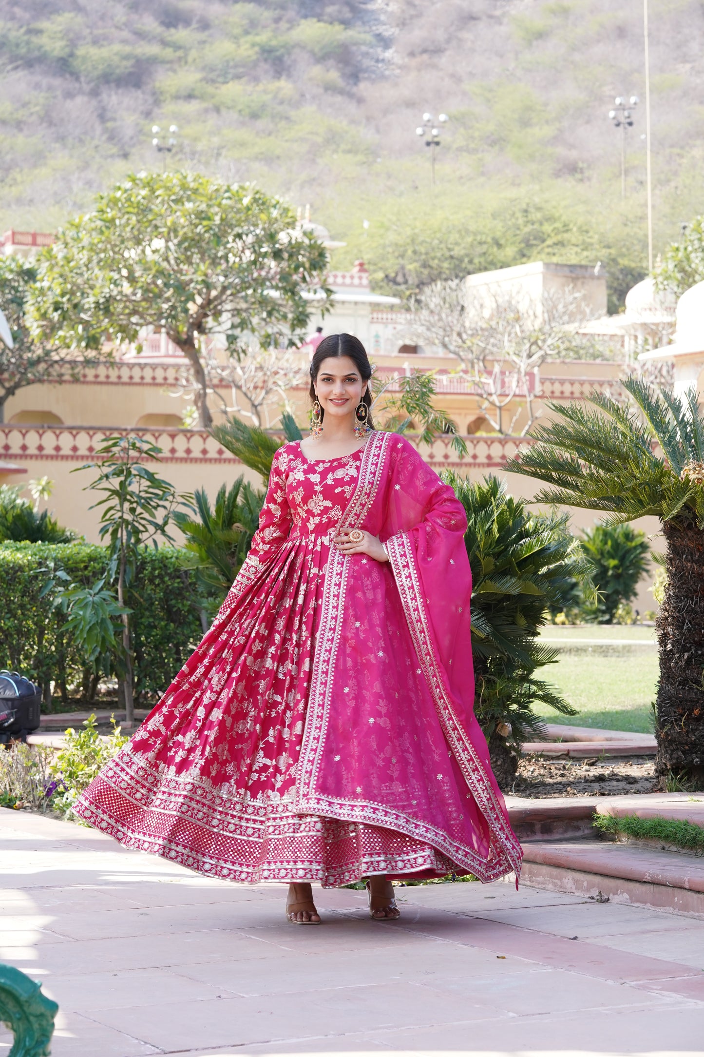 Designer Party Wear Anarkali Gown – Viscose Jacquard with Sequins Embroidery & Russian Silk Dupatta