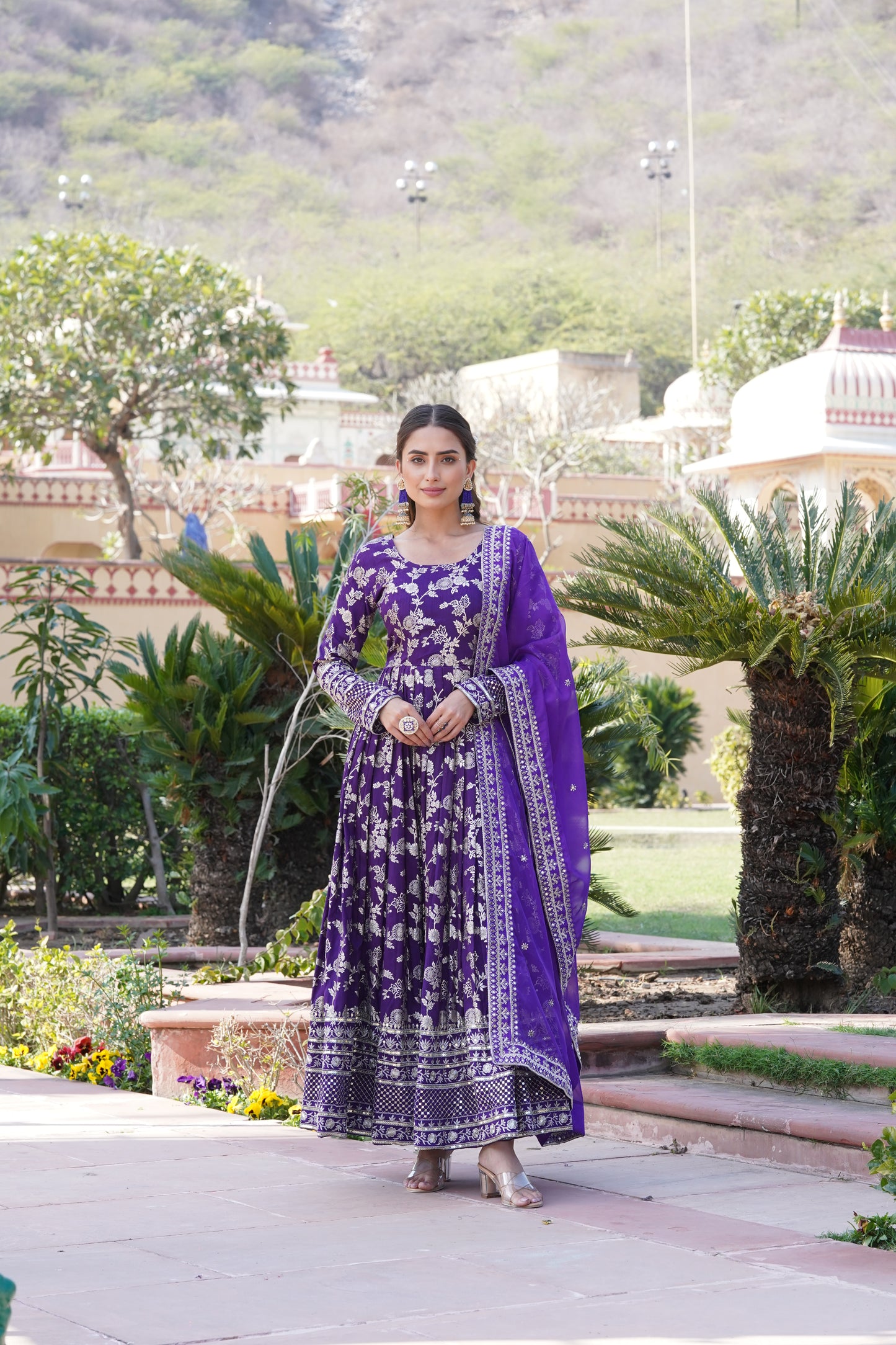 Designer Party Wear Anarkali Gown – Viscose Jacquard with Sequins Embroidery & Russian Silk Dupatta