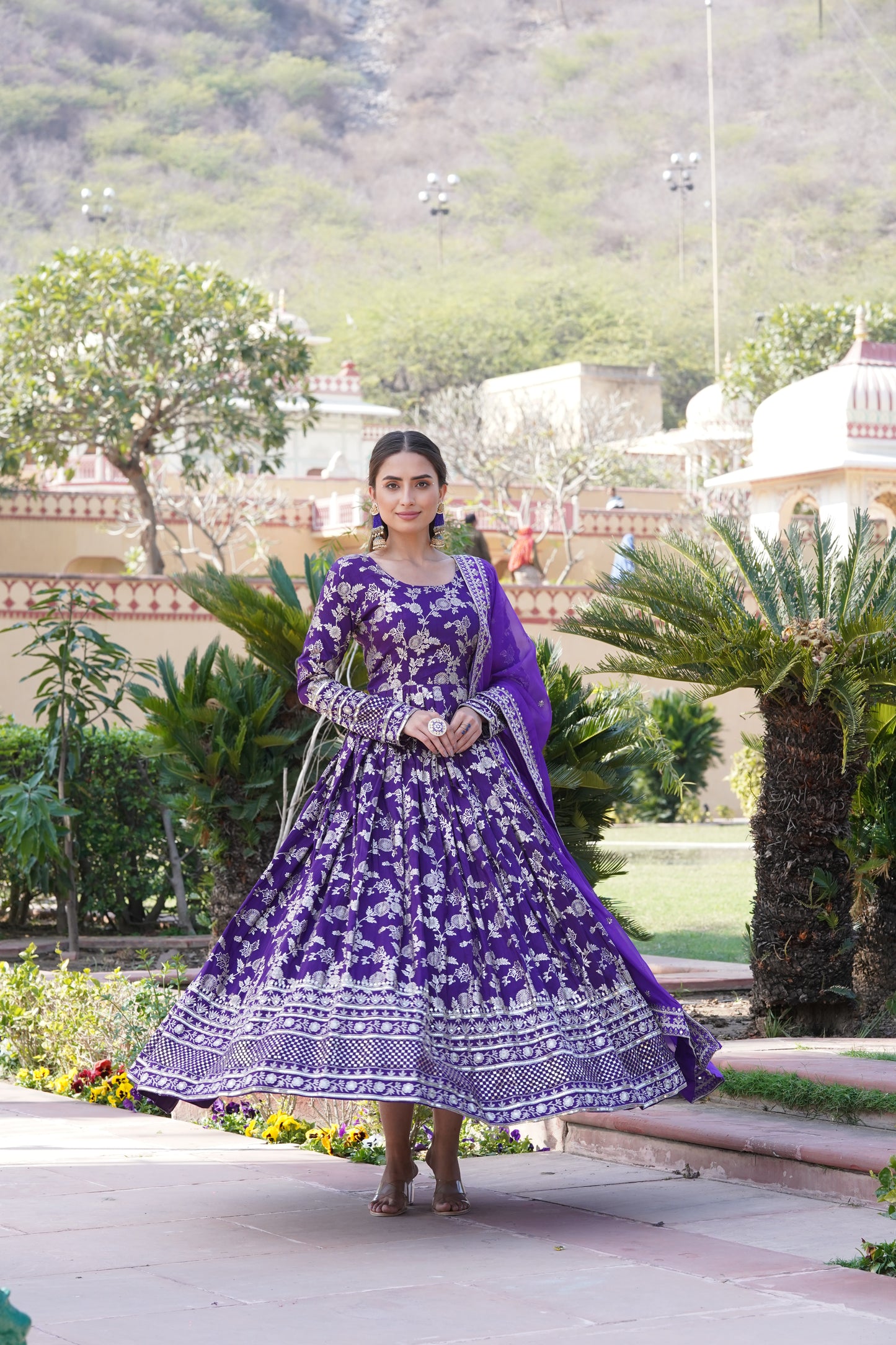 Designer Party Wear Anarkali Gown – Viscose Jacquard with Sequins Embroidery & Russian Silk Dupatta