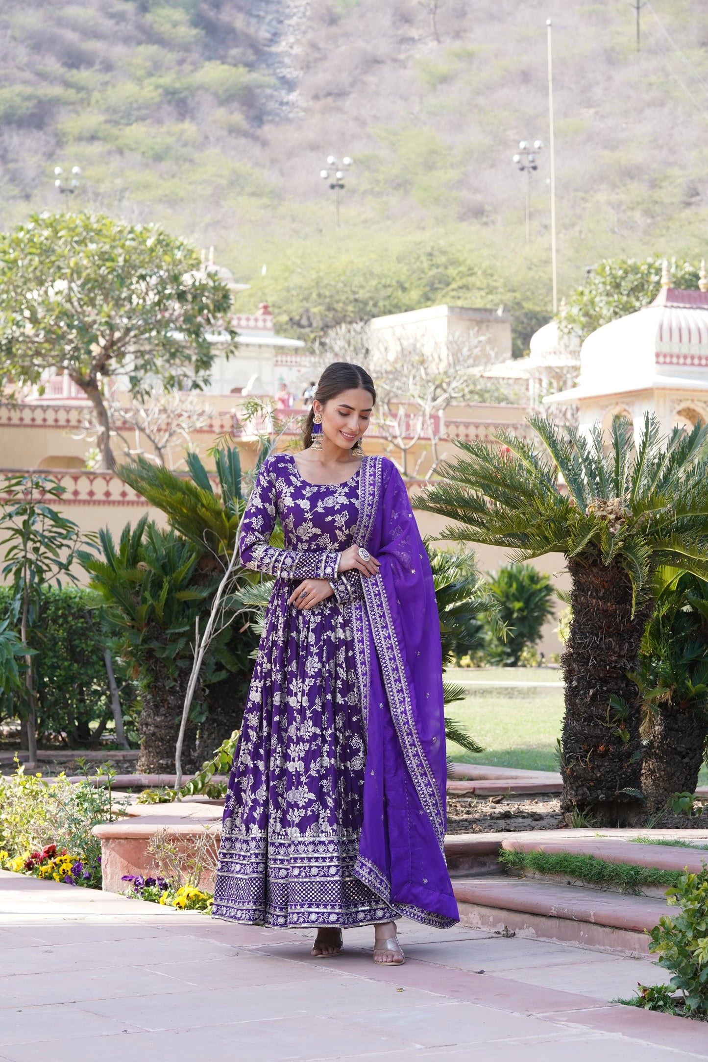 Designer Party Wear Anarkali Gown – Viscose Jacquard with Sequins Embroidery & Russian Silk Dupatta