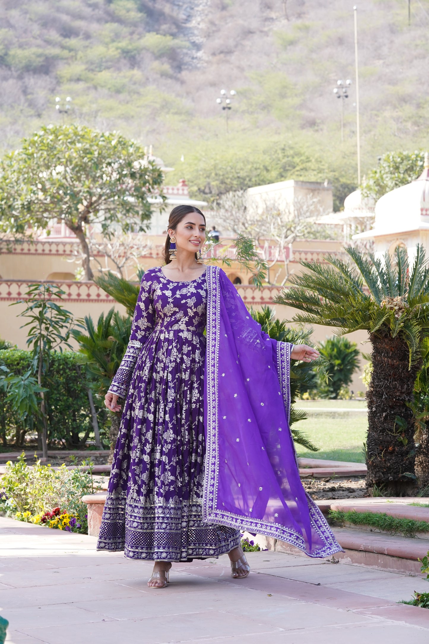 Designer Party Wear Anarkali Gown – Viscose Jacquard with Sequins Embroidery & Russian Silk Dupatta