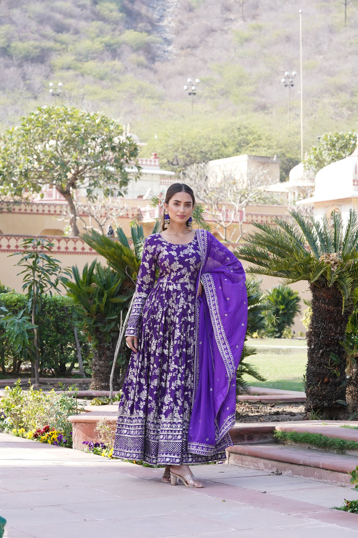 Designer Party Wear Anarkali Gown – Viscose Jacquard with Sequins Embroidery & Russian Silk Dupatta