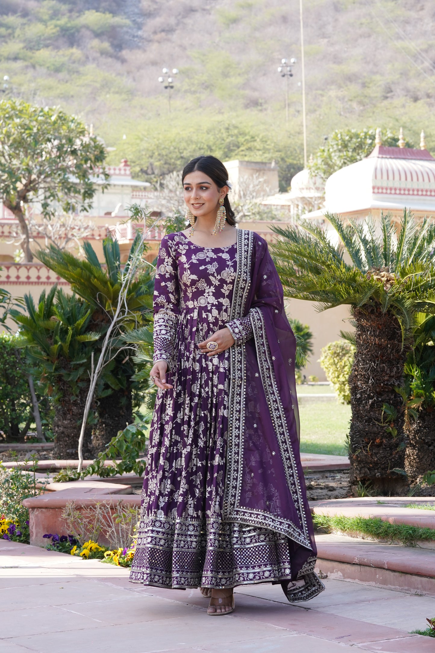Designer Party Wear Anarkali Gown – Viscose Jacquard with Sequins Embroidery & Russian Silk Dupatta