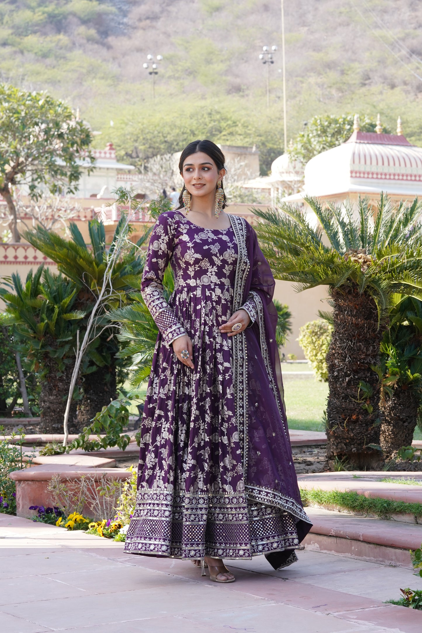 Designer Party Wear Anarkali Gown – Viscose Jacquard with Sequins Embroidery & Russian Silk Dupatta