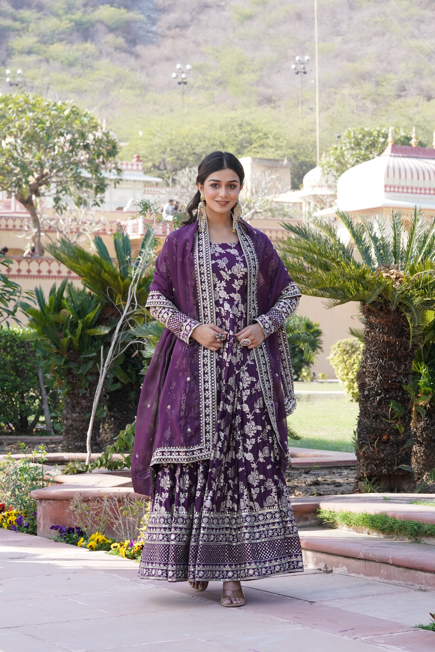 Designer Party Wear Anarkali Gown – Viscose Jacquard with Sequins Embroidery & Russian Silk Dupatta