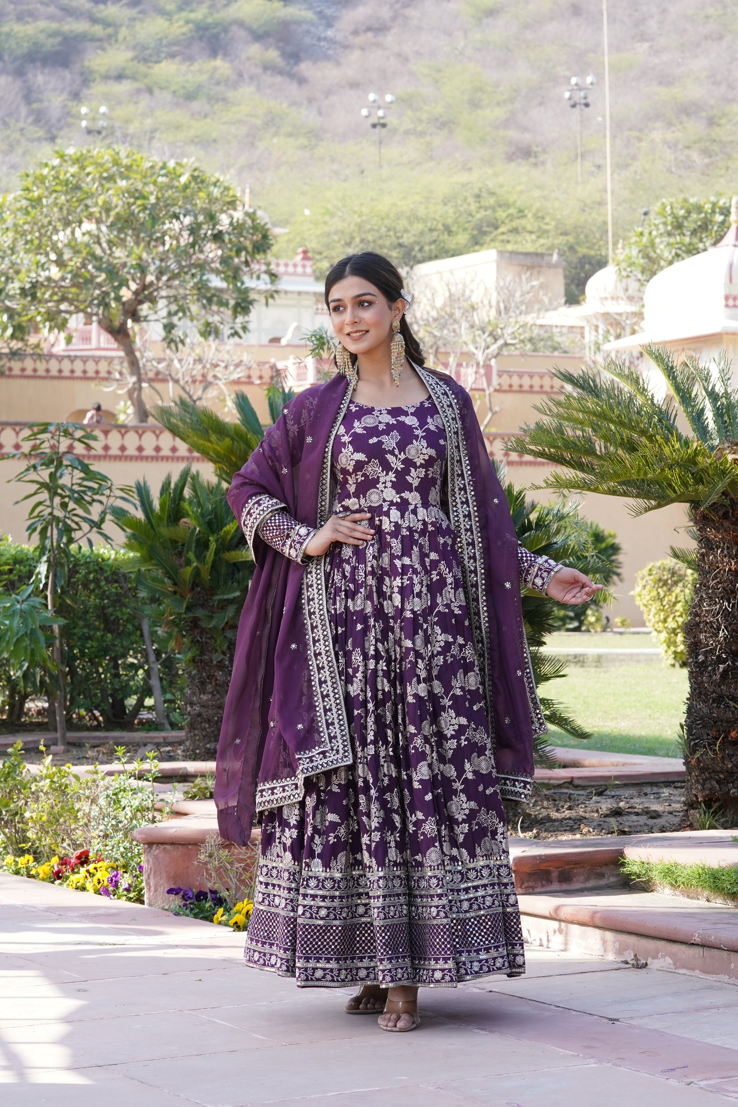 Designer Party Wear Anarkali Gown – Viscose Jacquard with Sequins Embroidery & Russian Silk Dupatta