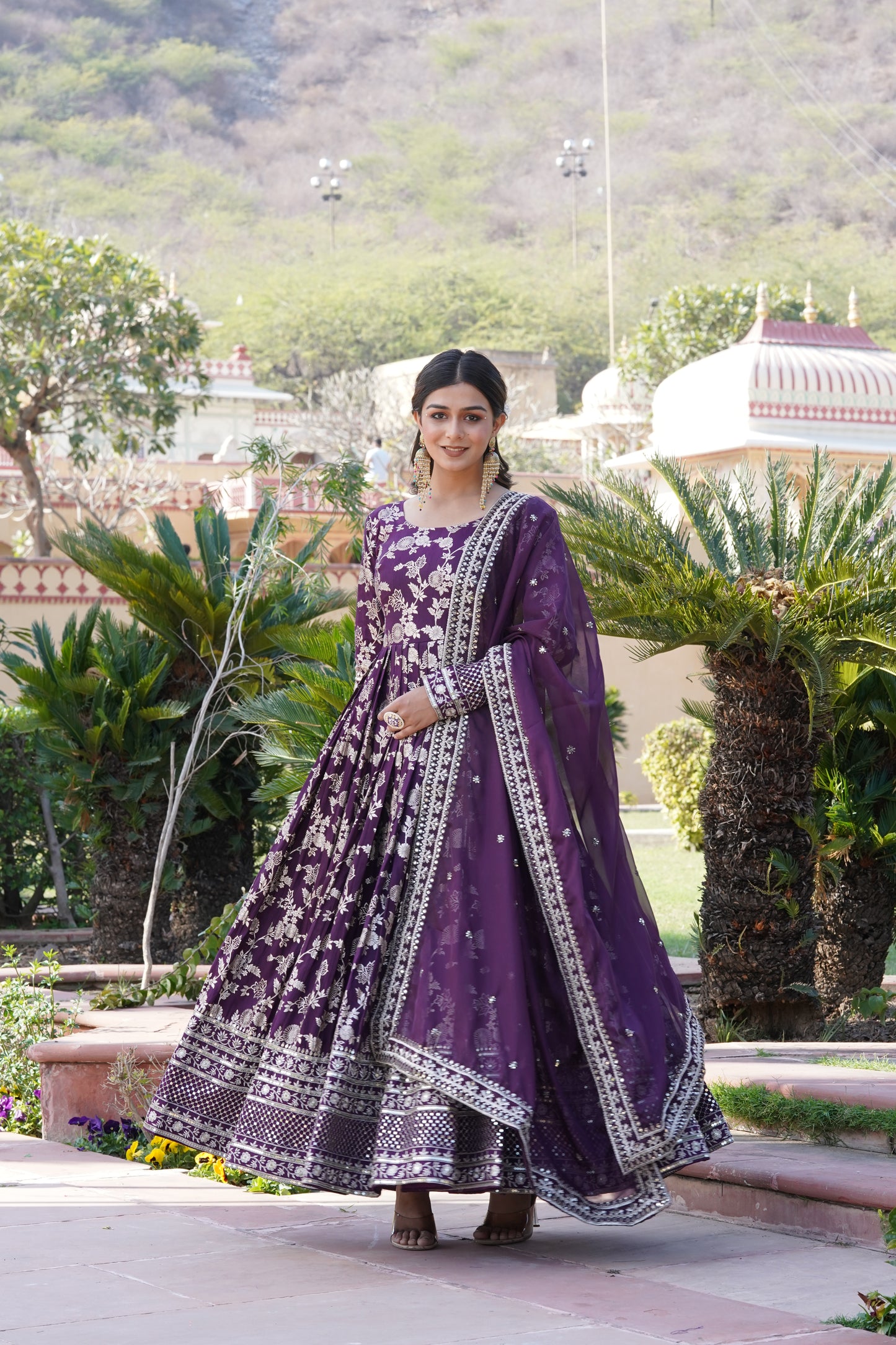 Designer Party Wear Anarkali Gown – Viscose Jacquard with Sequins Embroidery & Russian Silk Dupatta