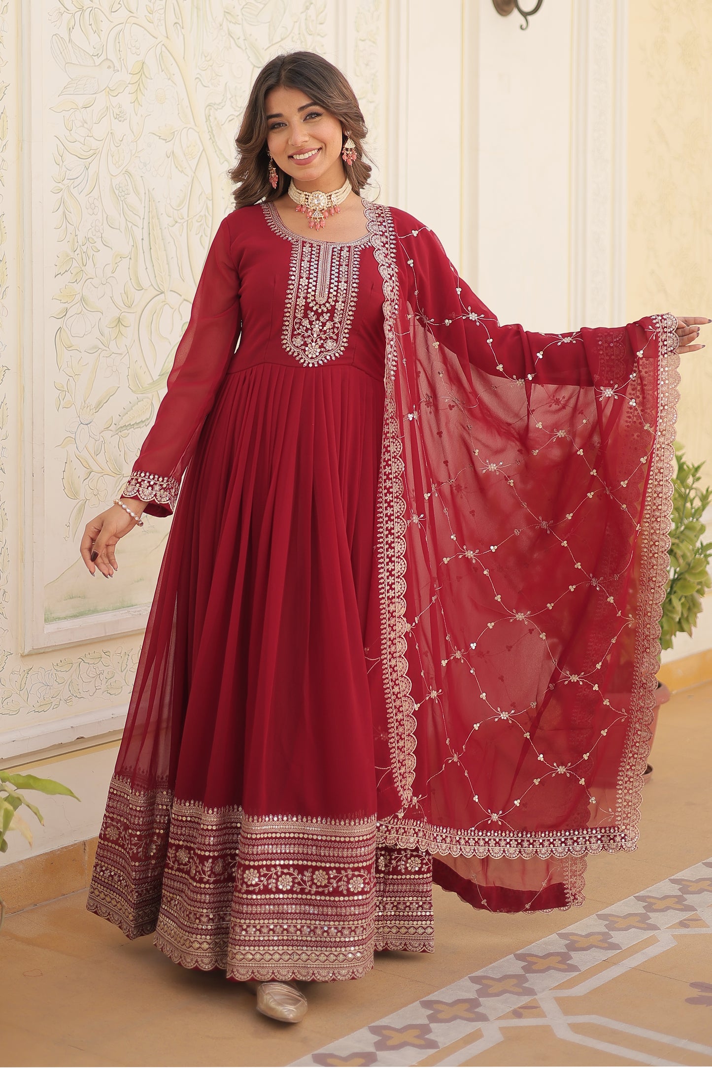 Georgette Party Wear Gown with Sequins Embroidery & Arco-Cut Work Dupatta