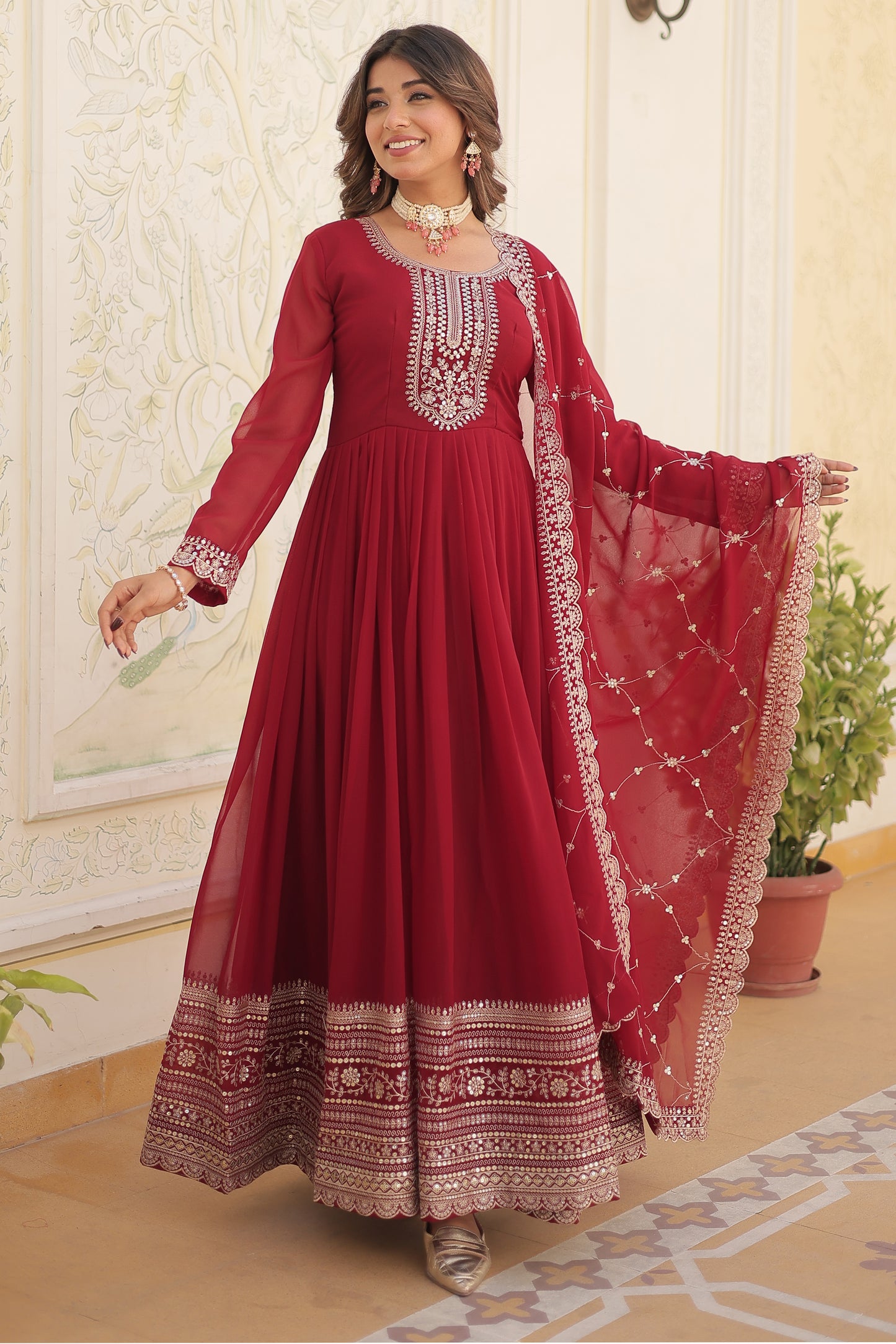 Georgette Party Wear Gown with Sequins Embroidery & Arco-Cut Work Dupatta