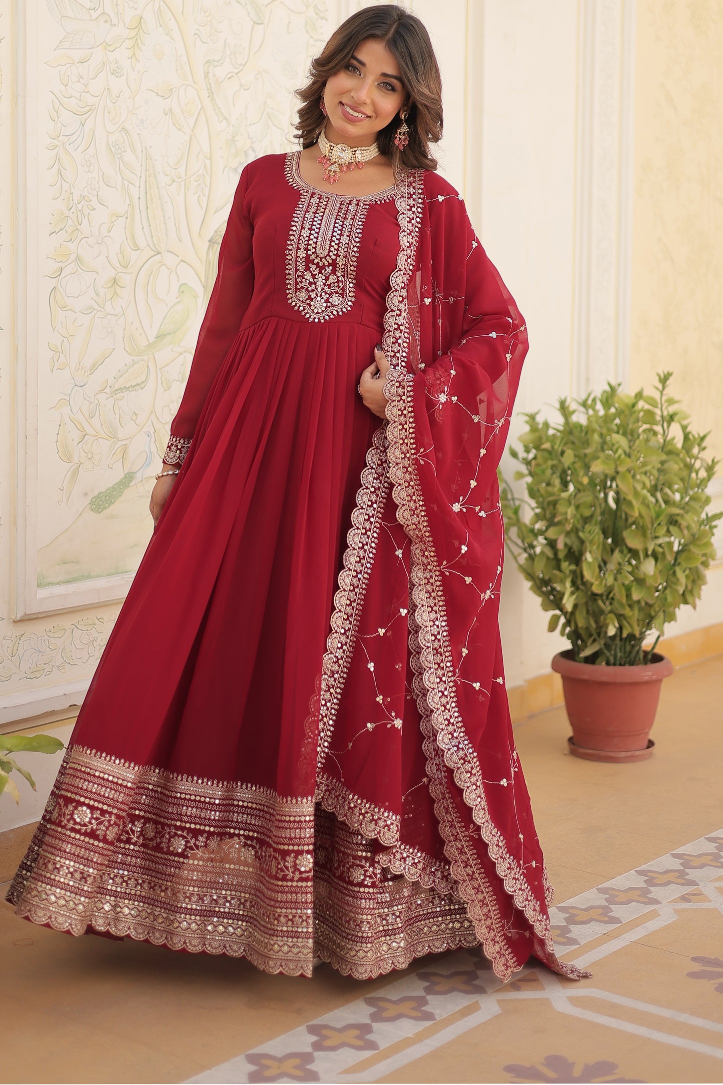 Georgette Party Wear Gown with Sequins Embroidery & Arco-Cut Work Dupatta