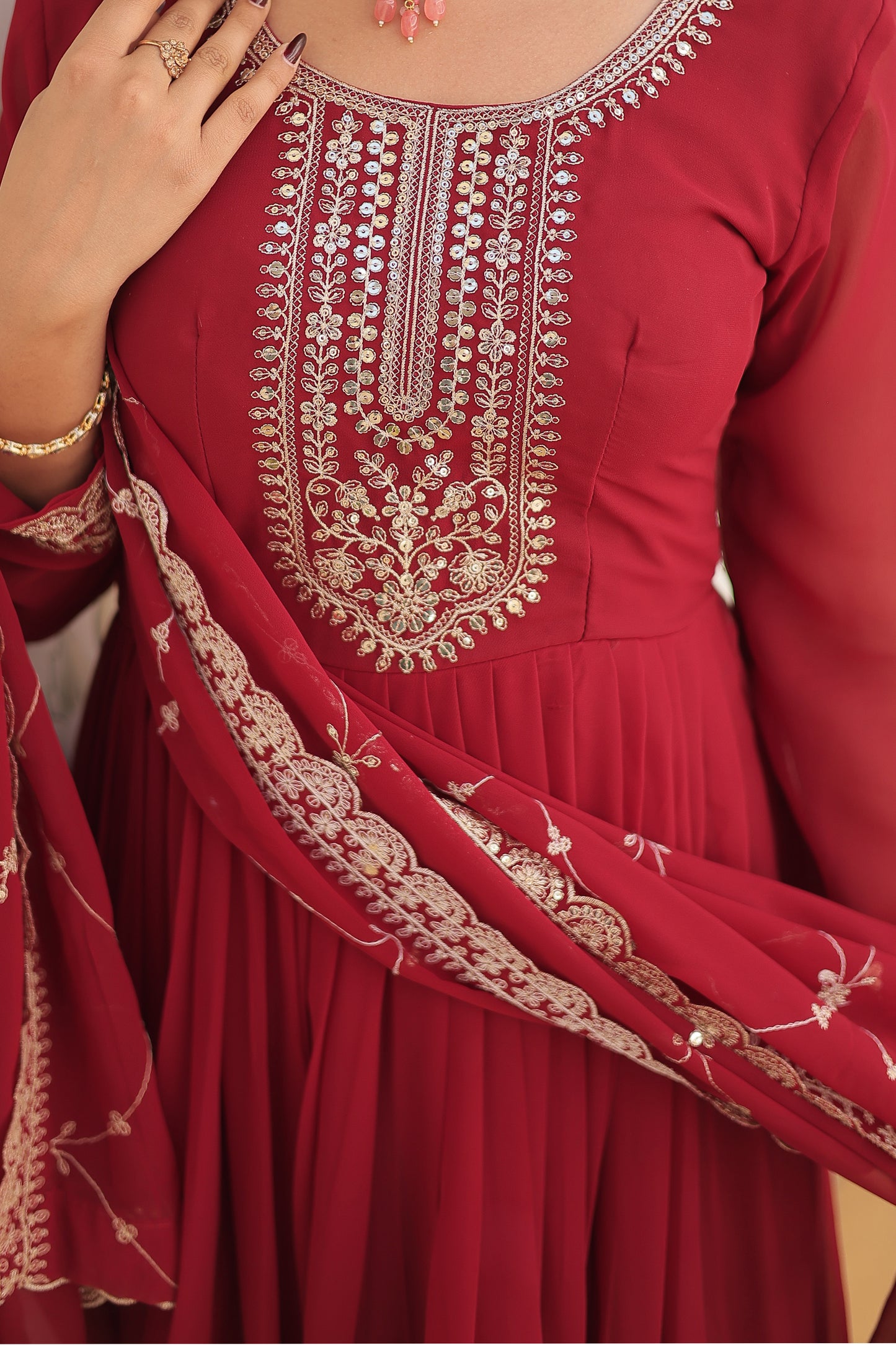 Georgette Party Wear Gown with Sequins Embroidery & Arco-Cut Work Dupatta