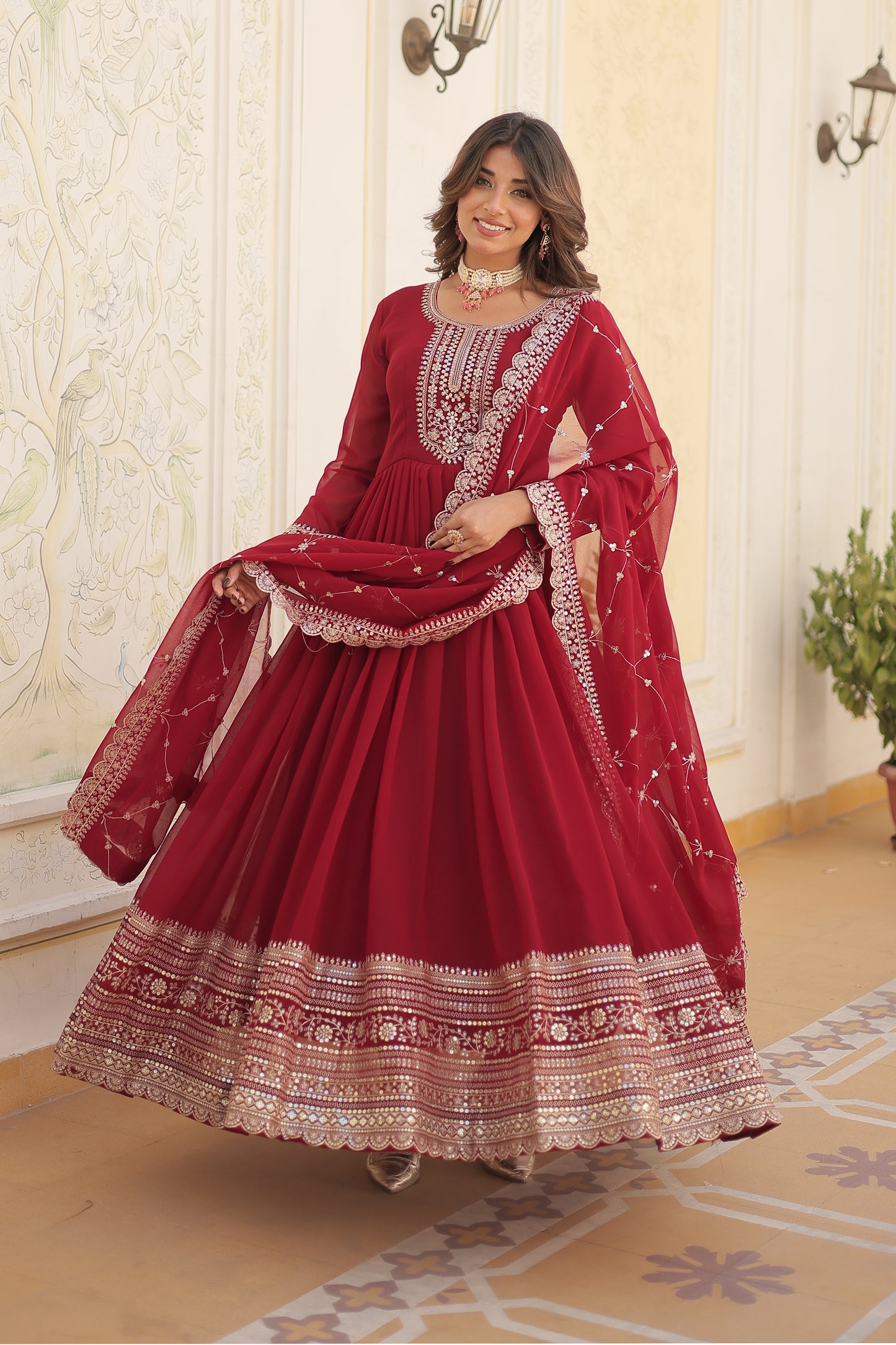 Georgette Party Wear Gown with Sequins Embroidery & Arco-Cut Work Dupatta