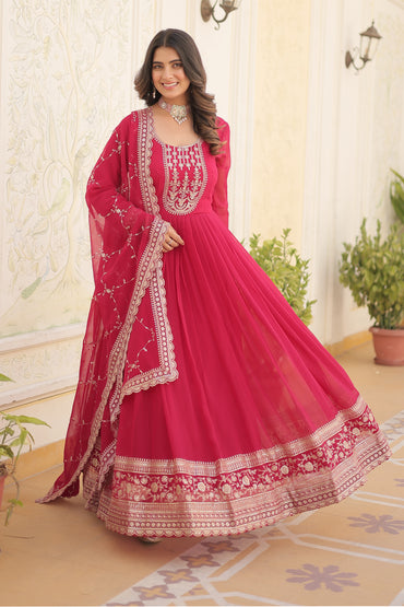 Georgette Party Wear Gown with Sequins Embroidery & Arco-Cut Work Dupatta