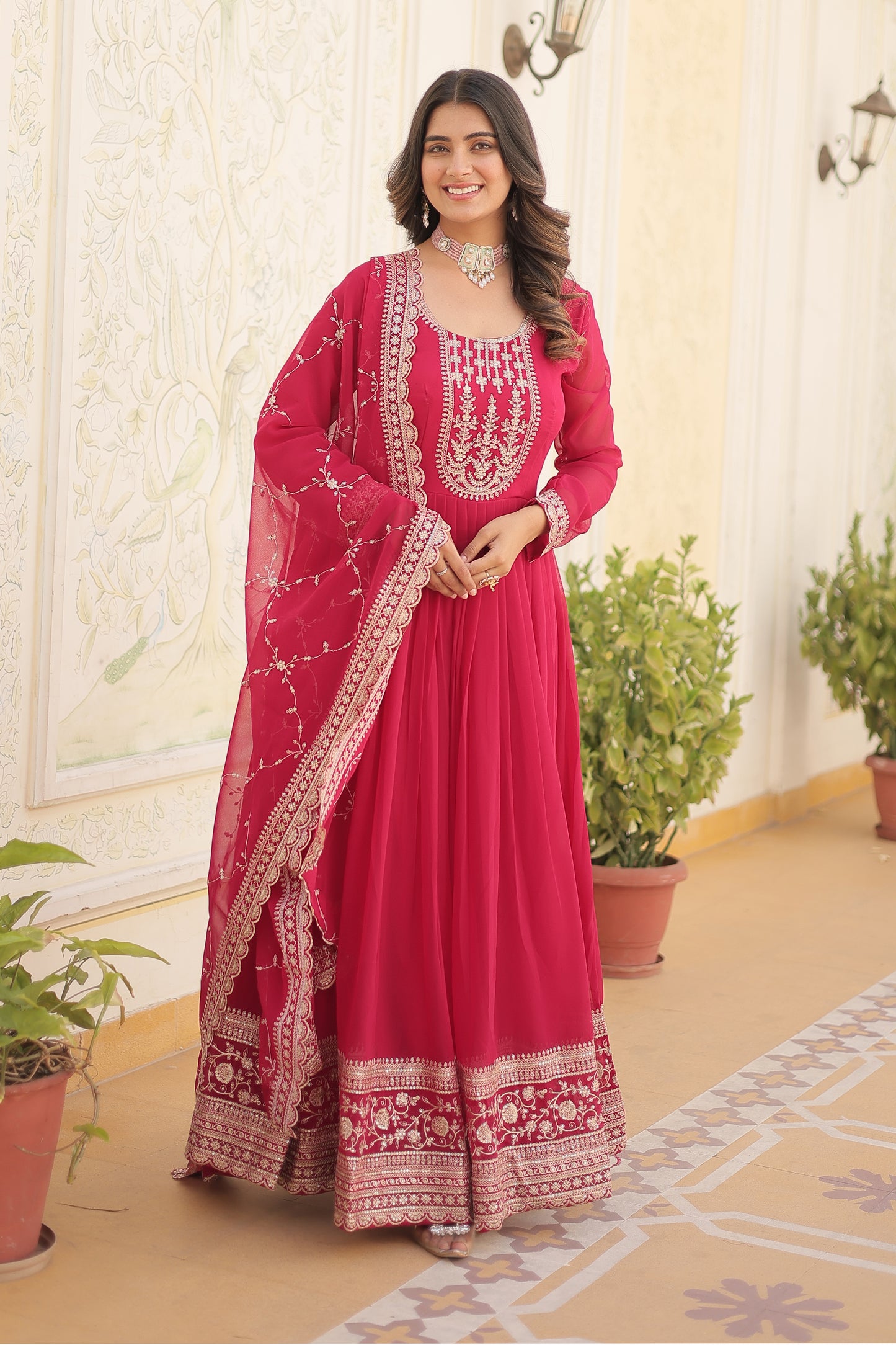 Georgette Party Wear Gown with Sequins Embroidery & Arco-Cut Work Dupatta