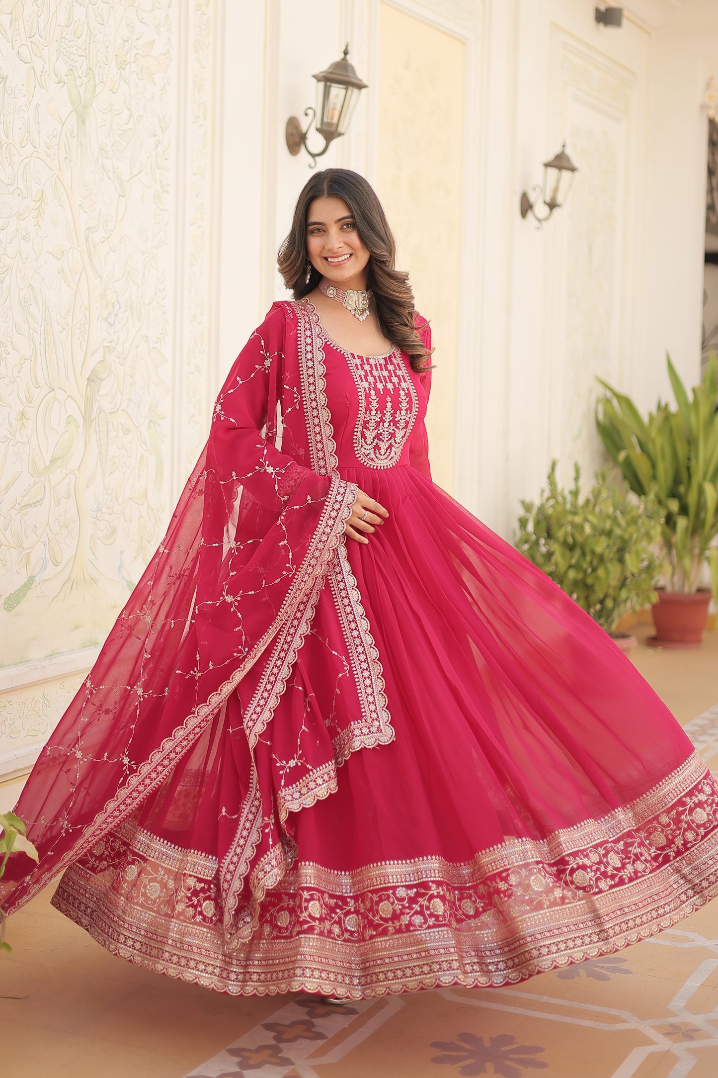 Georgette Party Wear Gown with Sequins Embroidery & Arco-Cut Work Dupatta