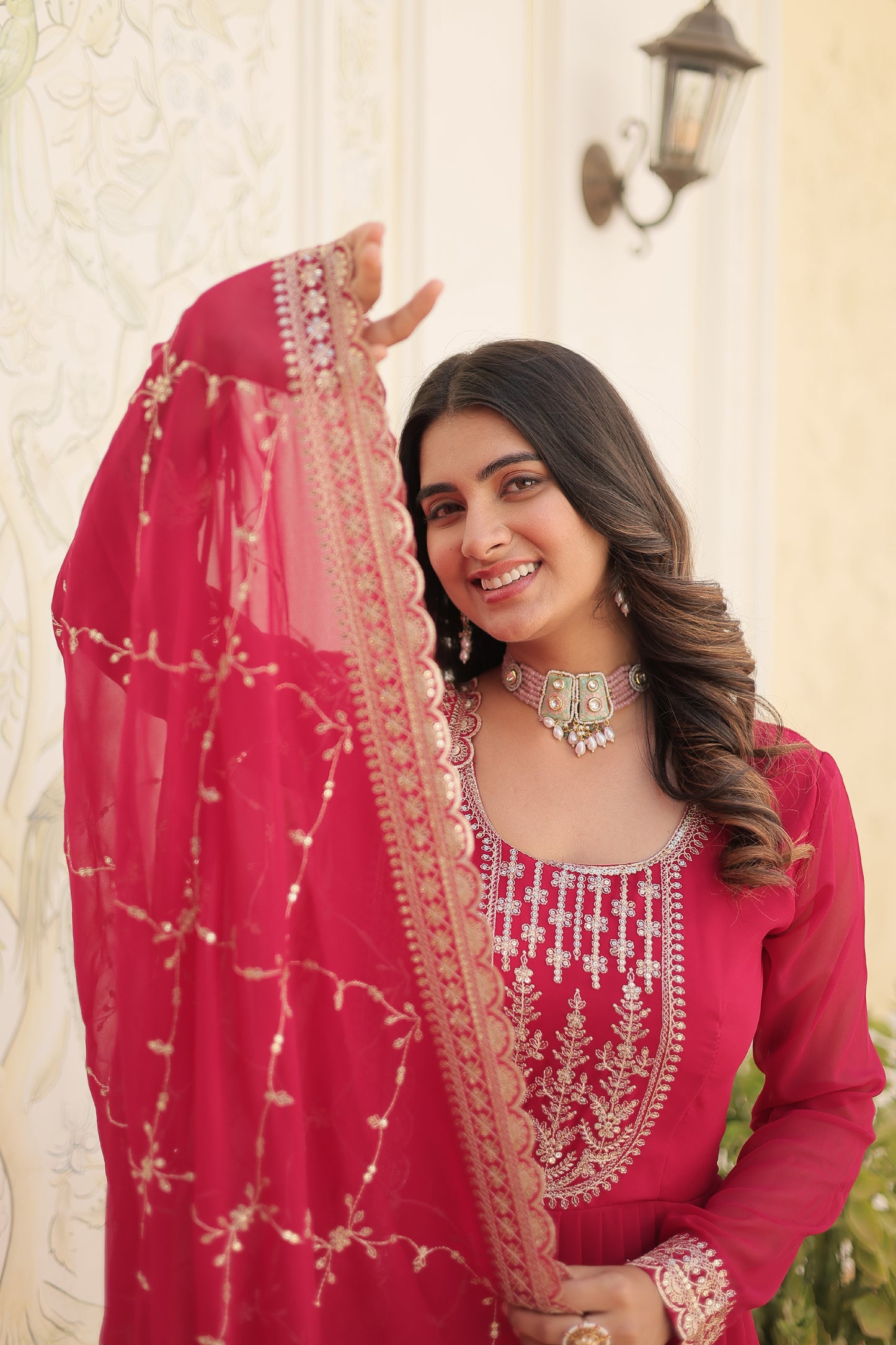 Georgette Party Wear Gown with Sequins Embroidery & Arco-Cut Work Dupatta