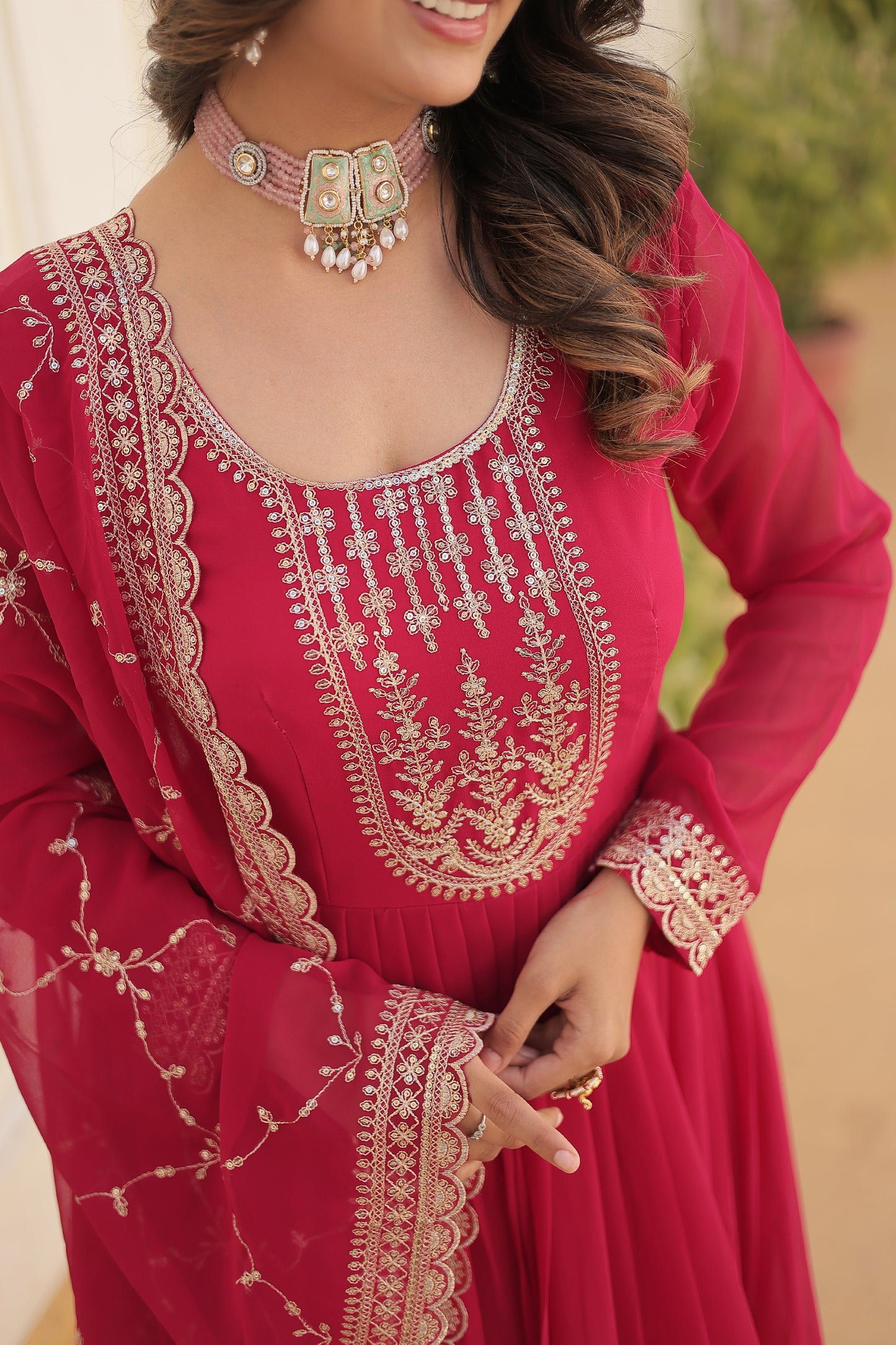 Georgette Party Wear Gown with Sequins Embroidery & Arco-Cut Work Dupatta