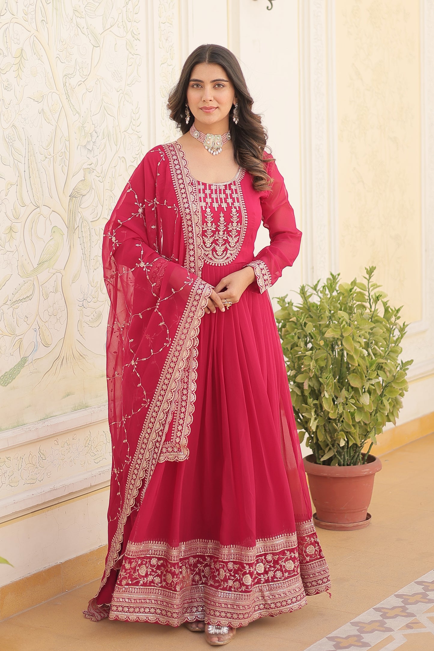 Georgette Party Wear Gown with Sequins Embroidery & Arco-Cut Work Dupatta