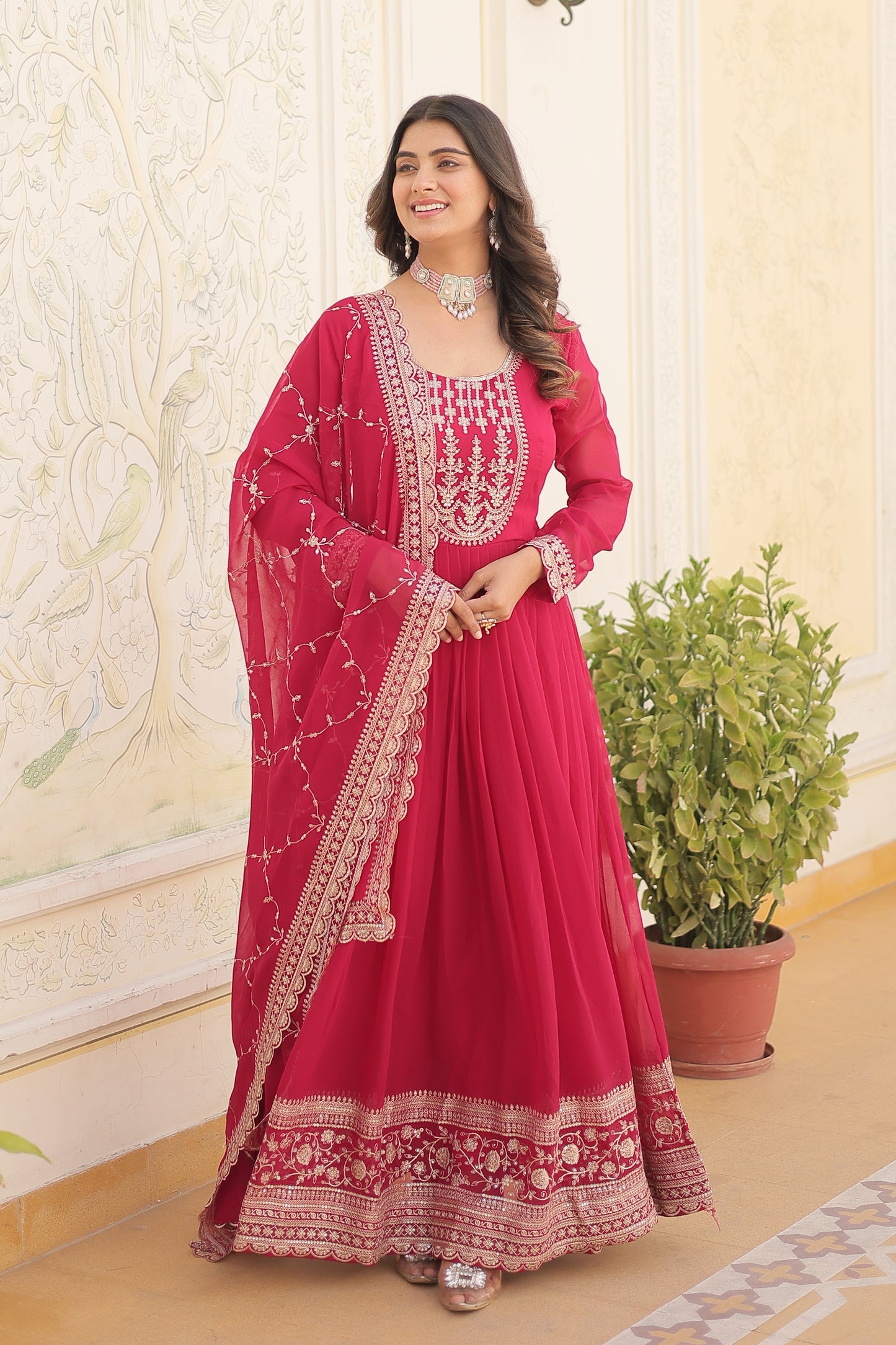 Georgette Party Wear Gown with Sequins Embroidery & Arco-Cut Work Dupatta
