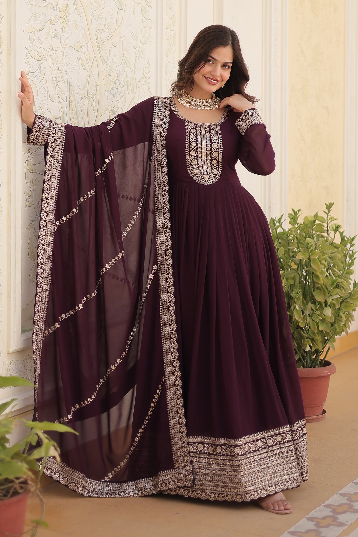 Georgette Party Wear Gown with Sequins Embroidery & Arco-Cut Work Dupatta