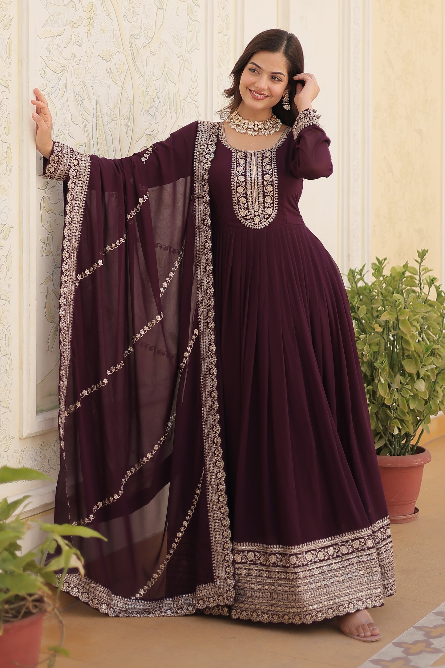 Georgette Party Wear Gown with Sequins Embroidery & Arco-Cut Work Dupatta