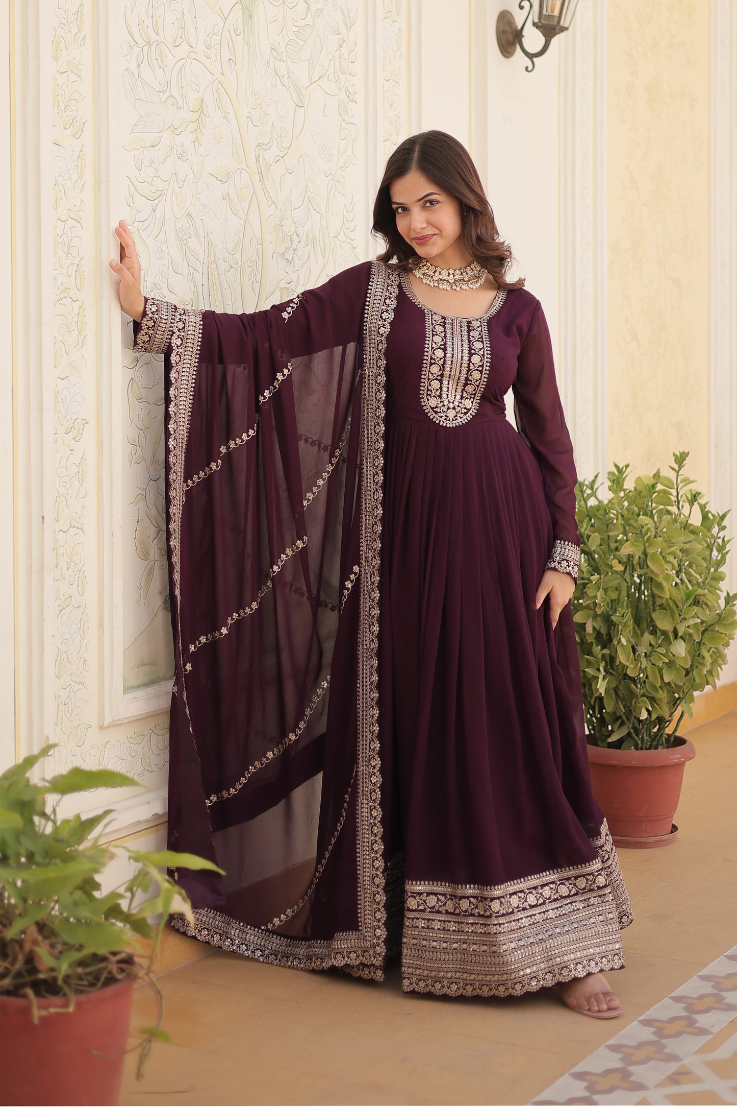 Georgette Party Wear Gown with Sequins Embroidery & Arco-Cut Work Dupatta