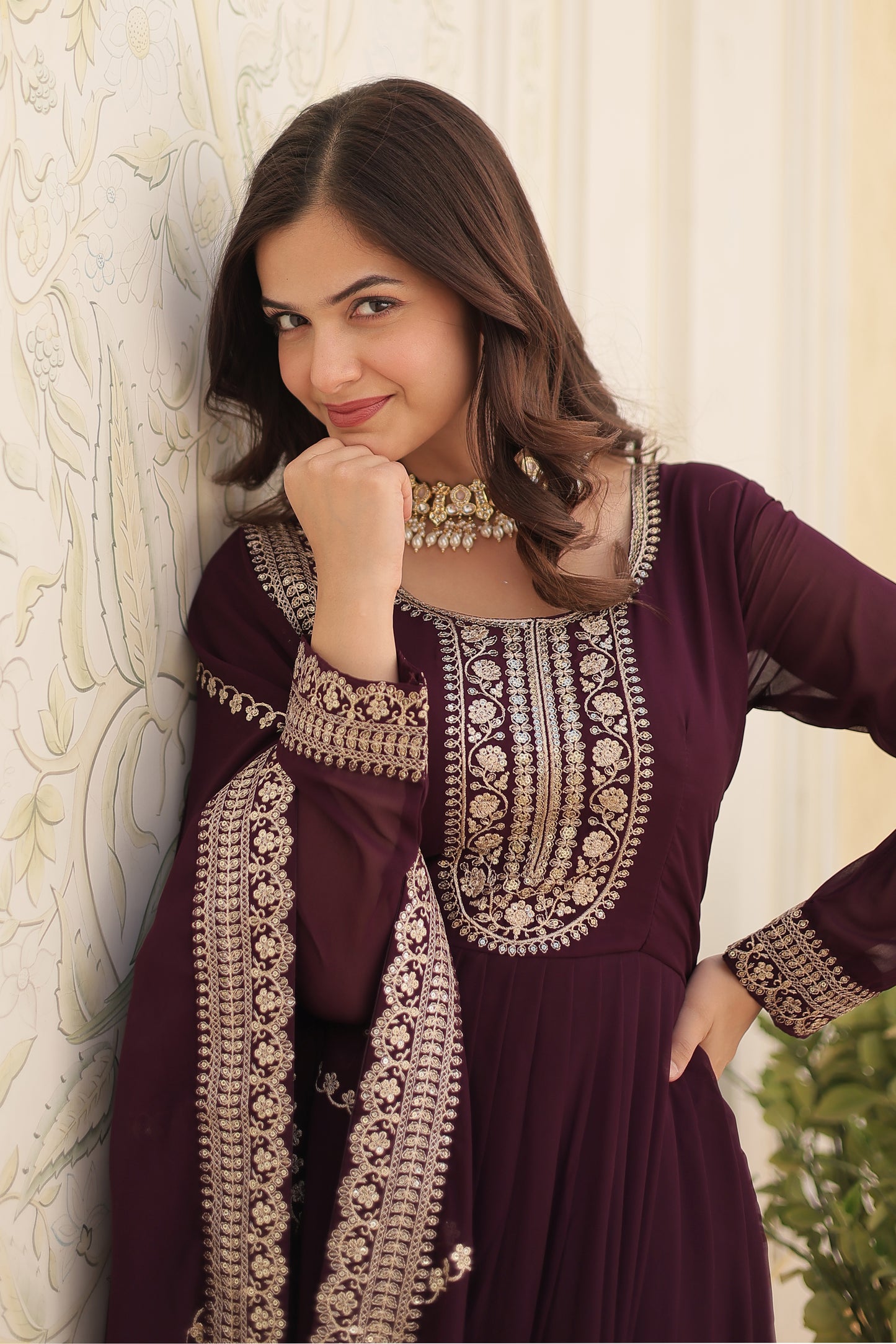 Georgette Party Wear Gown with Sequins Embroidery & Arco-Cut Work Dupatta
