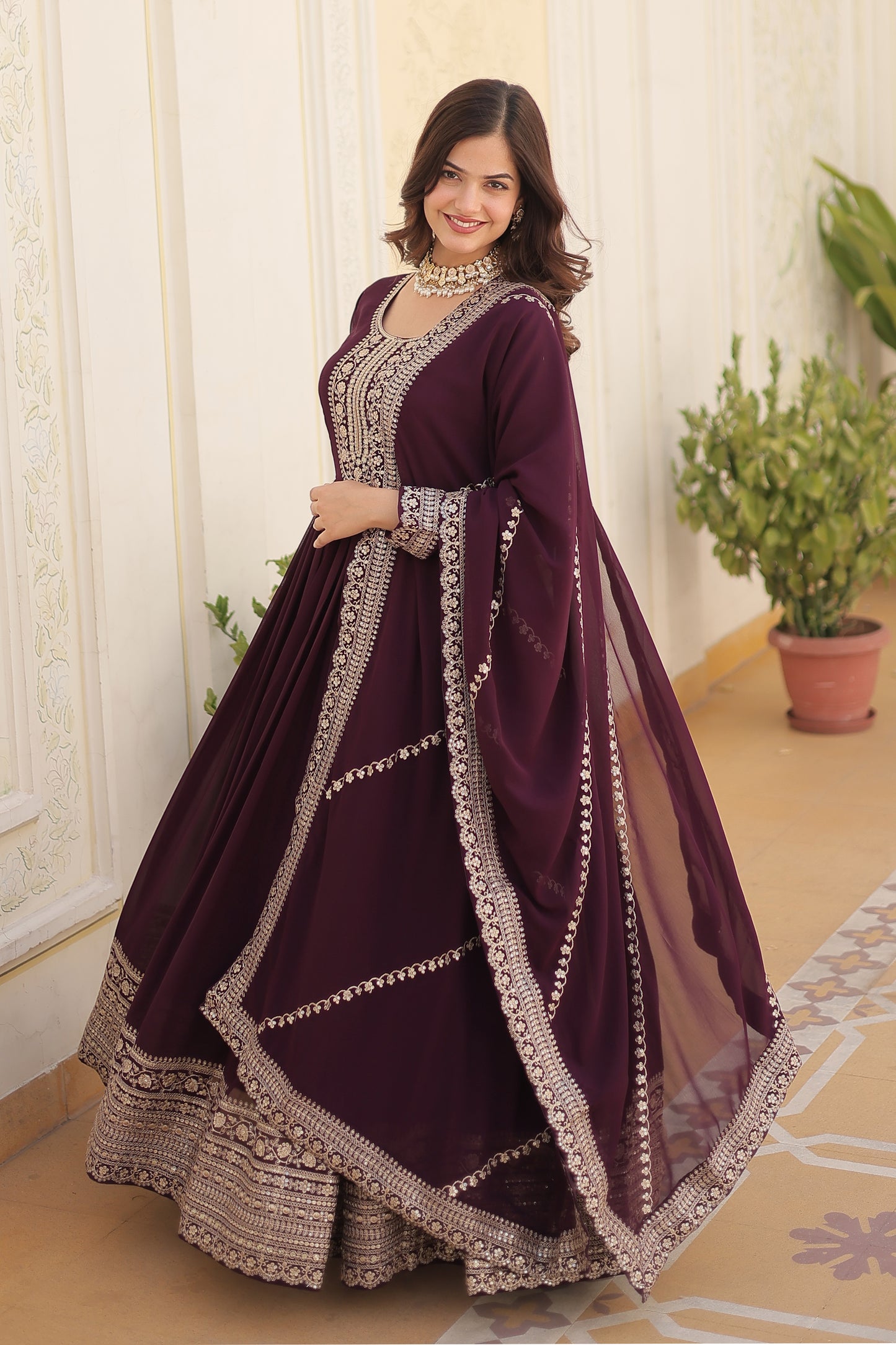 Georgette Party Wear Gown with Sequins Embroidery & Arco-Cut Work Dupatta