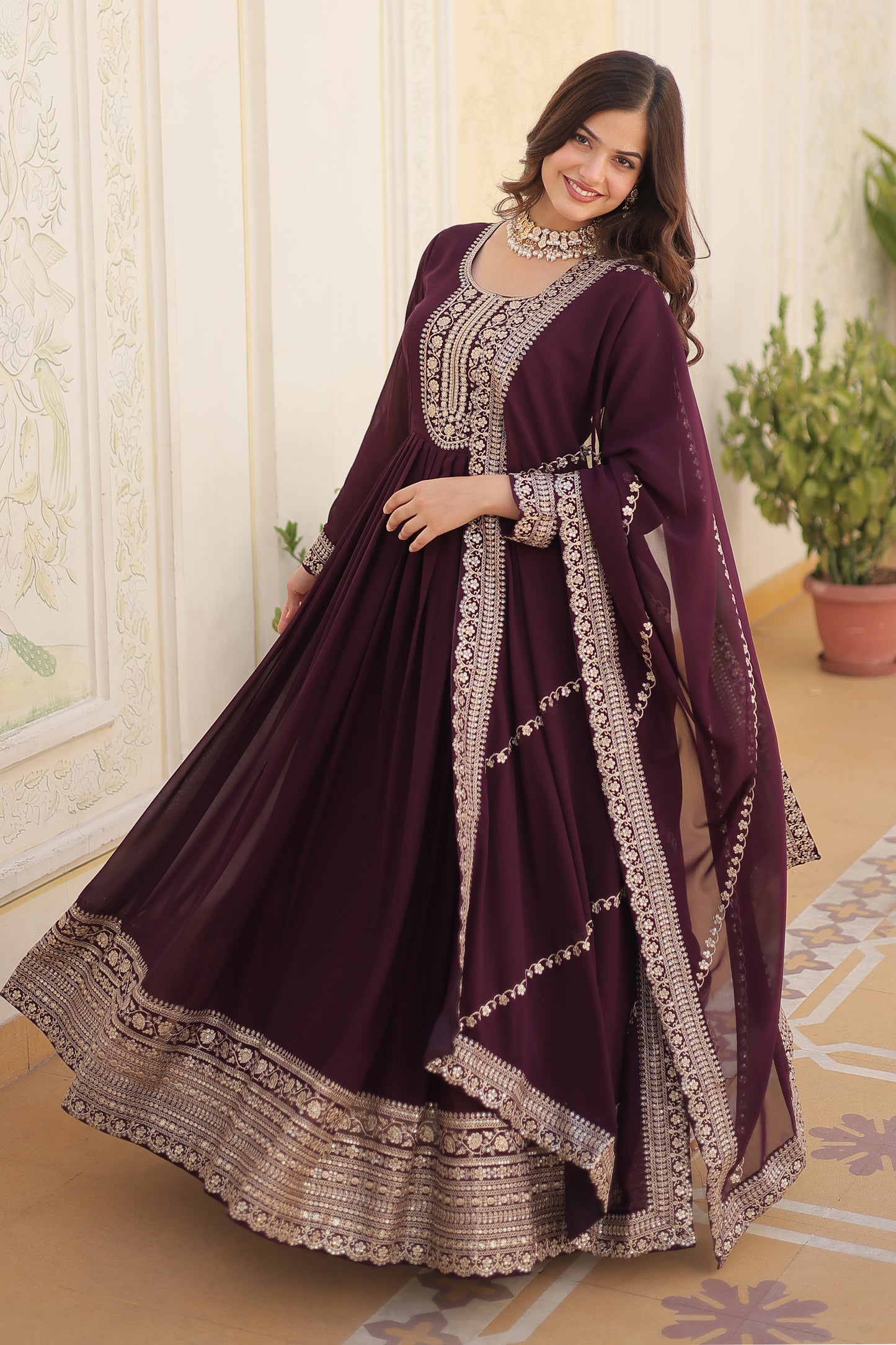 Georgette Party Wear Gown with Sequins Embroidery & Arco-Cut Work Dupatta