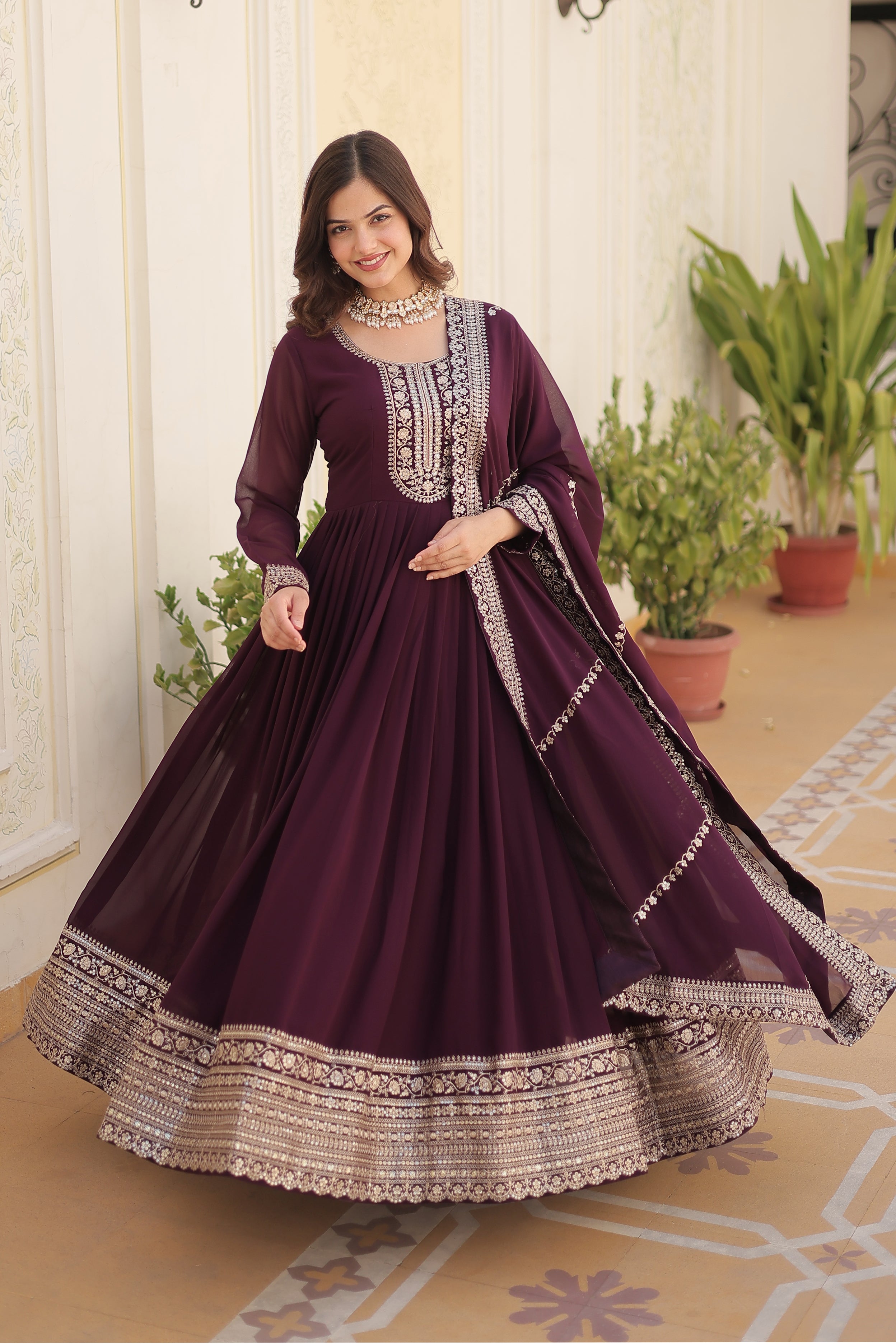 Georgette Party Wear Gown with Sequins Embroidery & Arco-Cut Work Dupatta