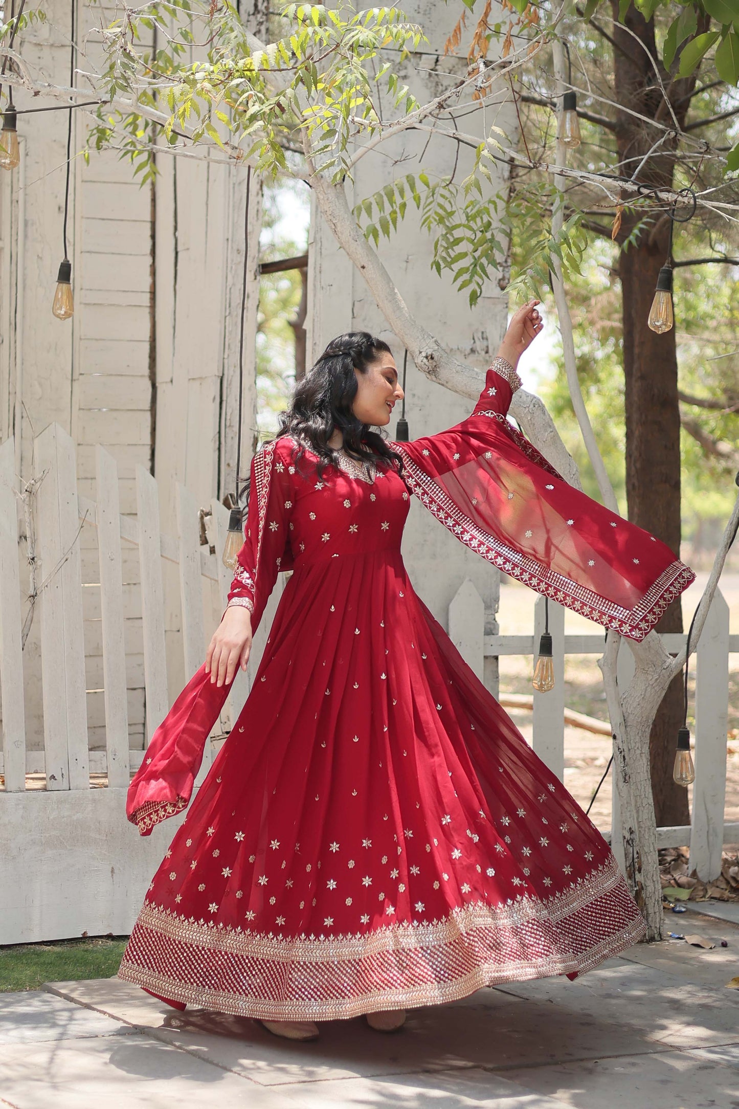 Women’s Floral Embroidered Pleated Sequins Kurta with Churidar & Dupatta – Faux Blooming Fabric