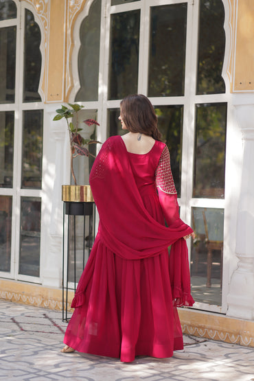 Elegant Faux Blooming Georgette Gown with Dupatta – Embroidered Work & Border Gathering