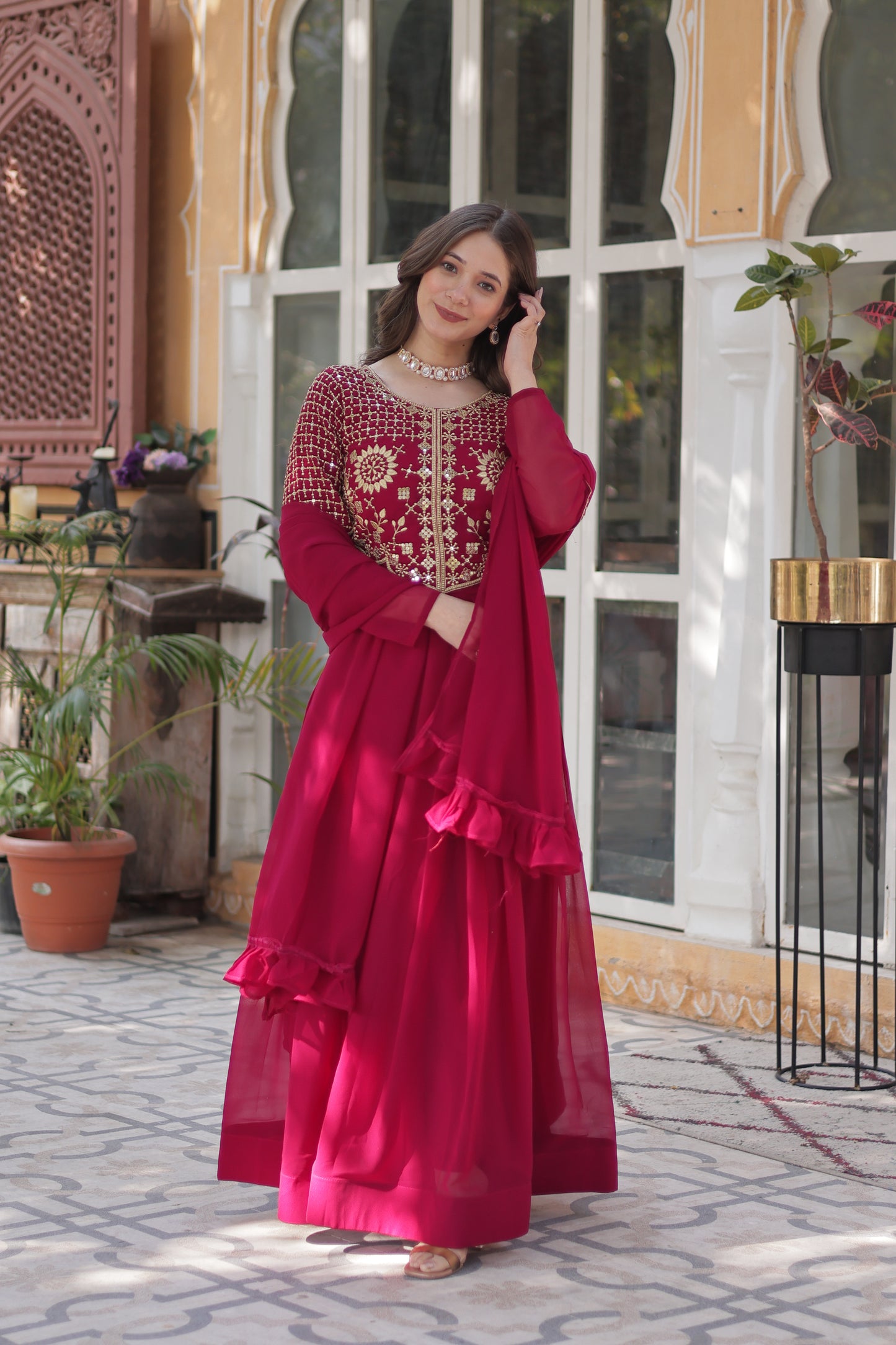 Elegant Faux Blooming Georgette Gown with Dupatta – Embroidered Work & Border Gathering