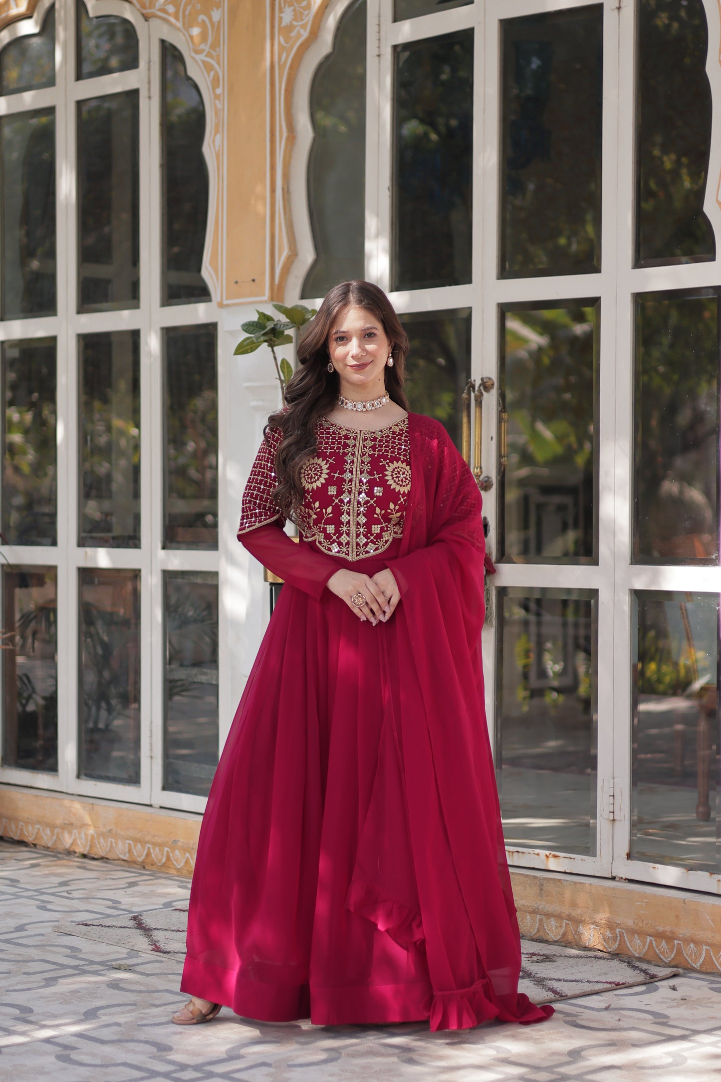 Elegant Faux Blooming Georgette Gown with Dupatta – Embroidered Work & Border Gathering