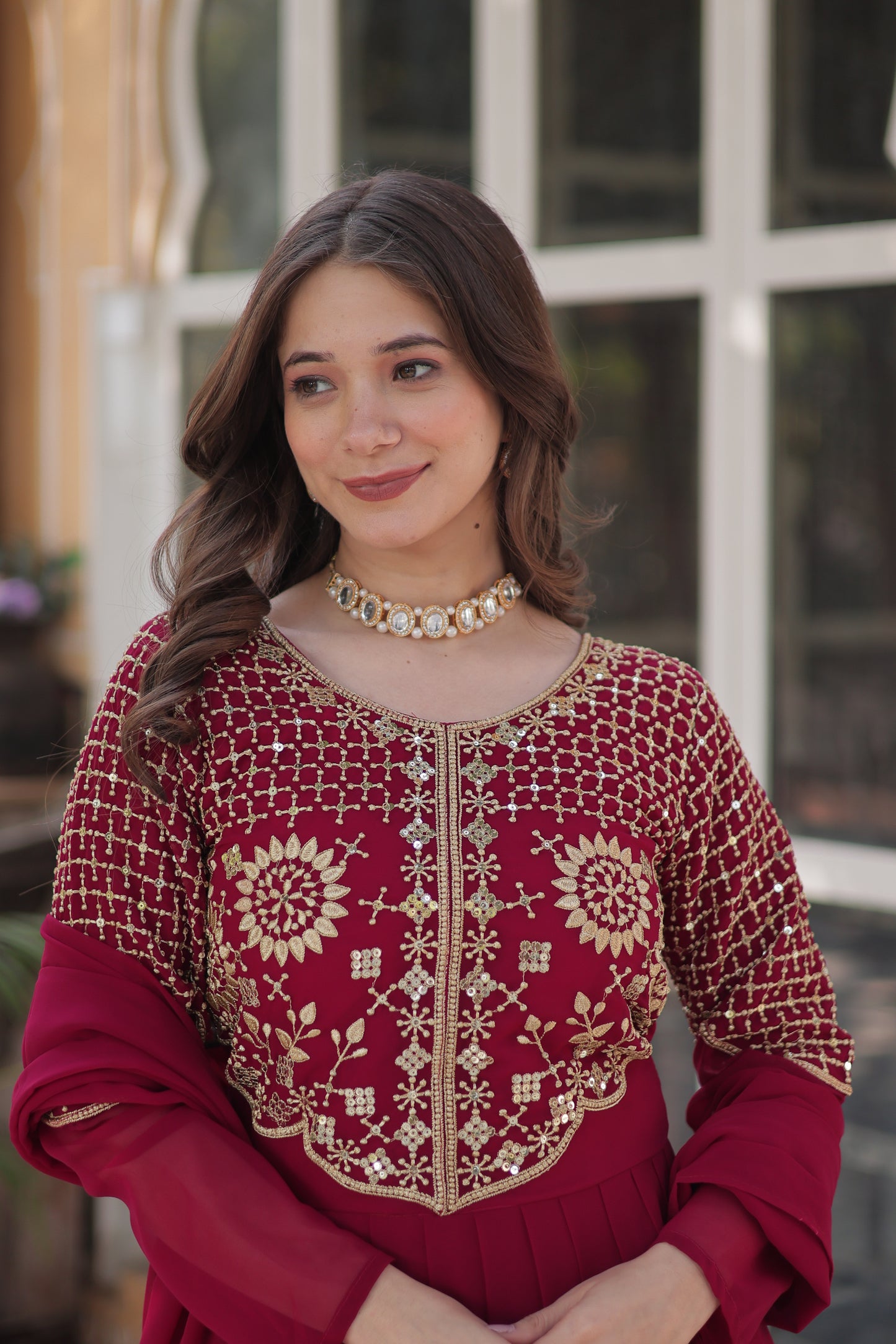 Elegant Faux Blooming Georgette Gown with Dupatta – Embroidered Work & Border Gathering