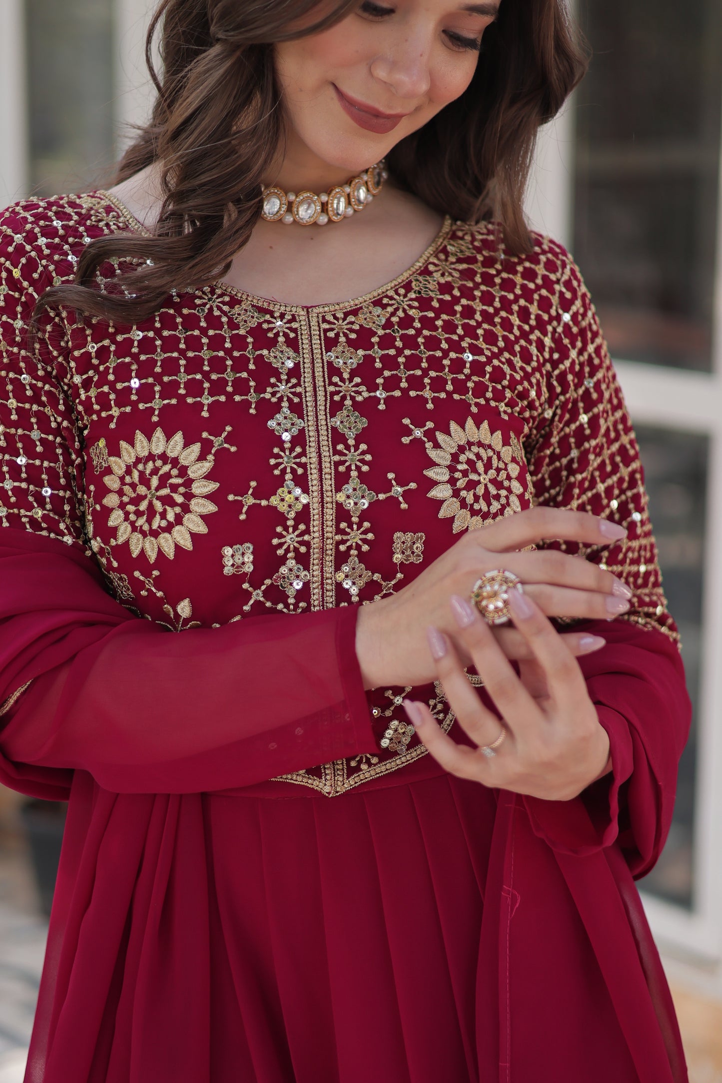 Elegant Faux Blooming Georgette Gown with Dupatta – Embroidered Work & Border Gathering