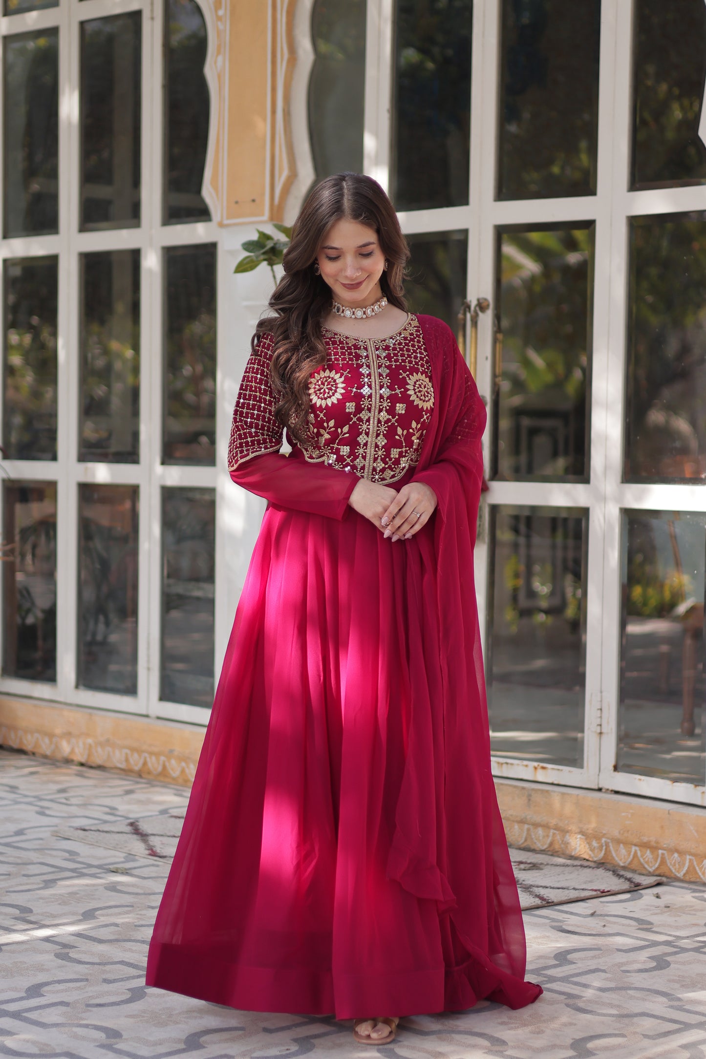 Elegant Faux Blooming Georgette Gown with Dupatta – Embroidered Work & Border Gathering