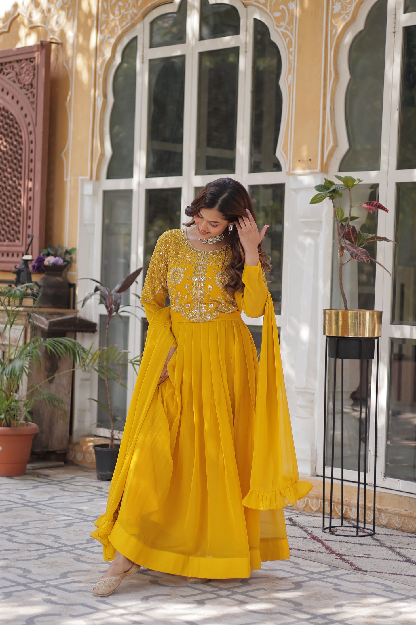 Elegant Faux Blooming Georgette Gown with Dupatta – Embroidered Work & Border Gathering